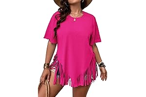 Women's Plus Size Long Sleeve Round Neck Fringe Trim Tee Top