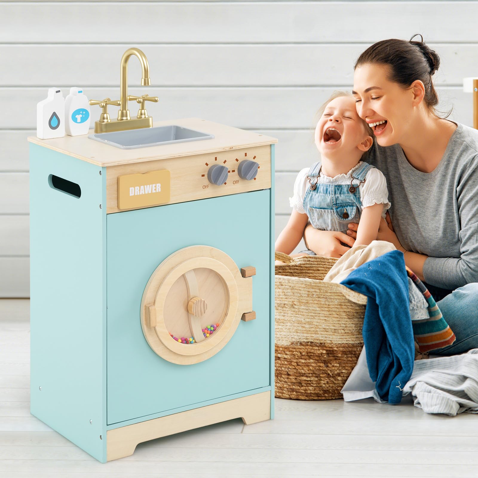 COSTWAY Set di Gioco Lavatrice per Bambini, Giocattolo Lavatrice con Detersivo e Igienizzante per le Mani, Set in Legno con Lavabo, Cassetto e Ruota Rotante, Regalo per Bambini dai 3+ Anni