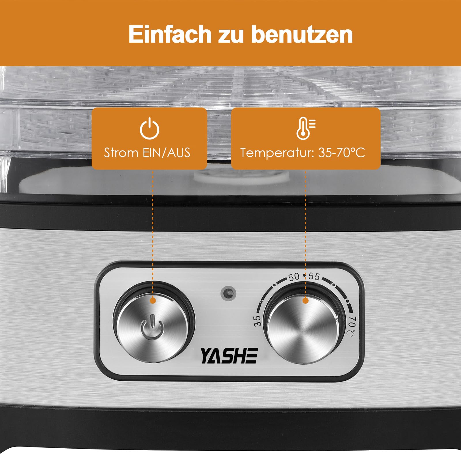 YASHE GGJ-261A Dörrautomat mit 5 höhenverstellbaren Tabletts, Temperaturregelung von 35-70°C, 240 Watt Dörrgerät für Obst und Gemüse, BPA-frei, Silber, Klar, Schwarz