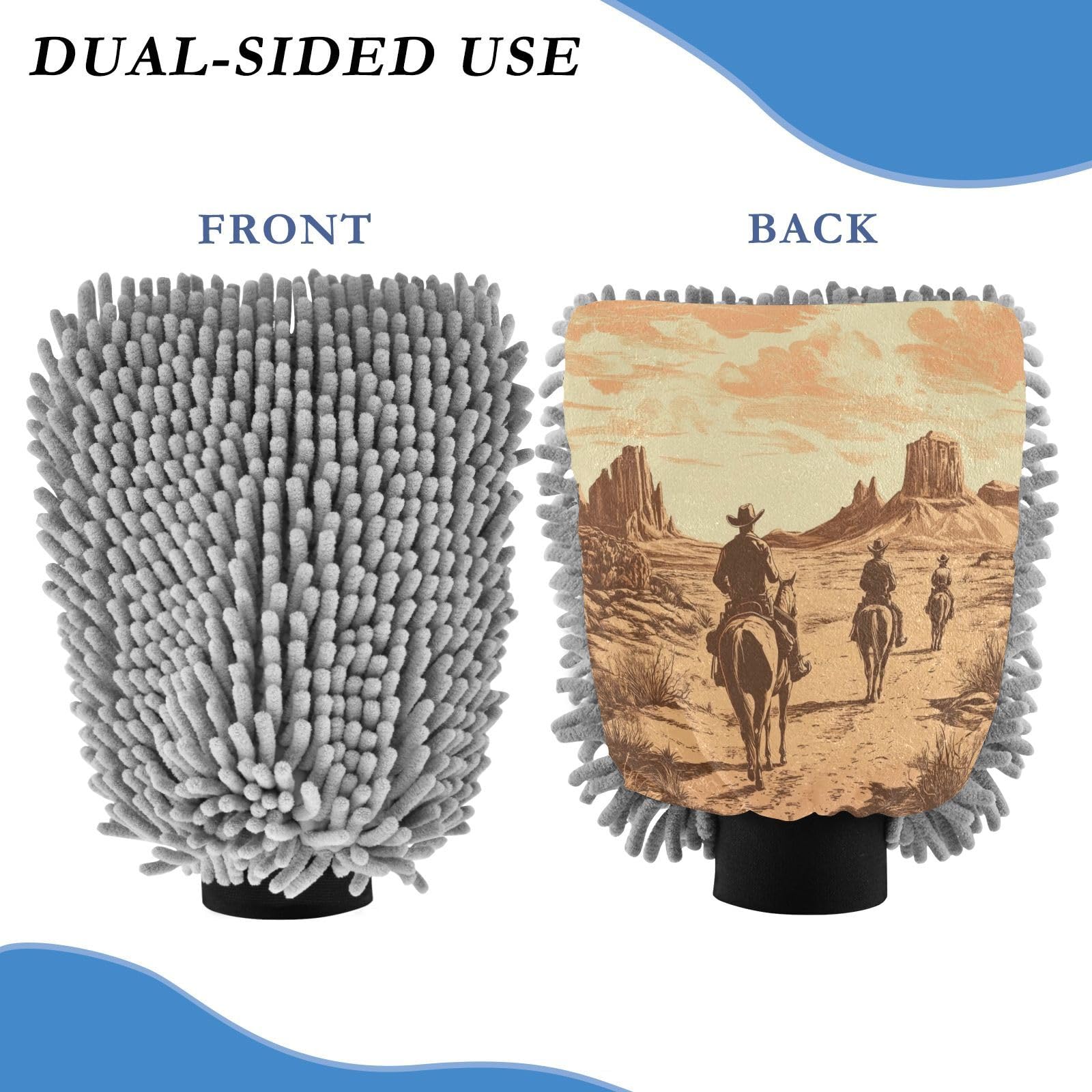 Flradish 2 Pack Western Cowboy Car Wash Mitt Chenille Microfiber Lint-Free Scratch Free Ultra-Soft Absorbent Car Wash Mitt 10.2x7.09 Inch