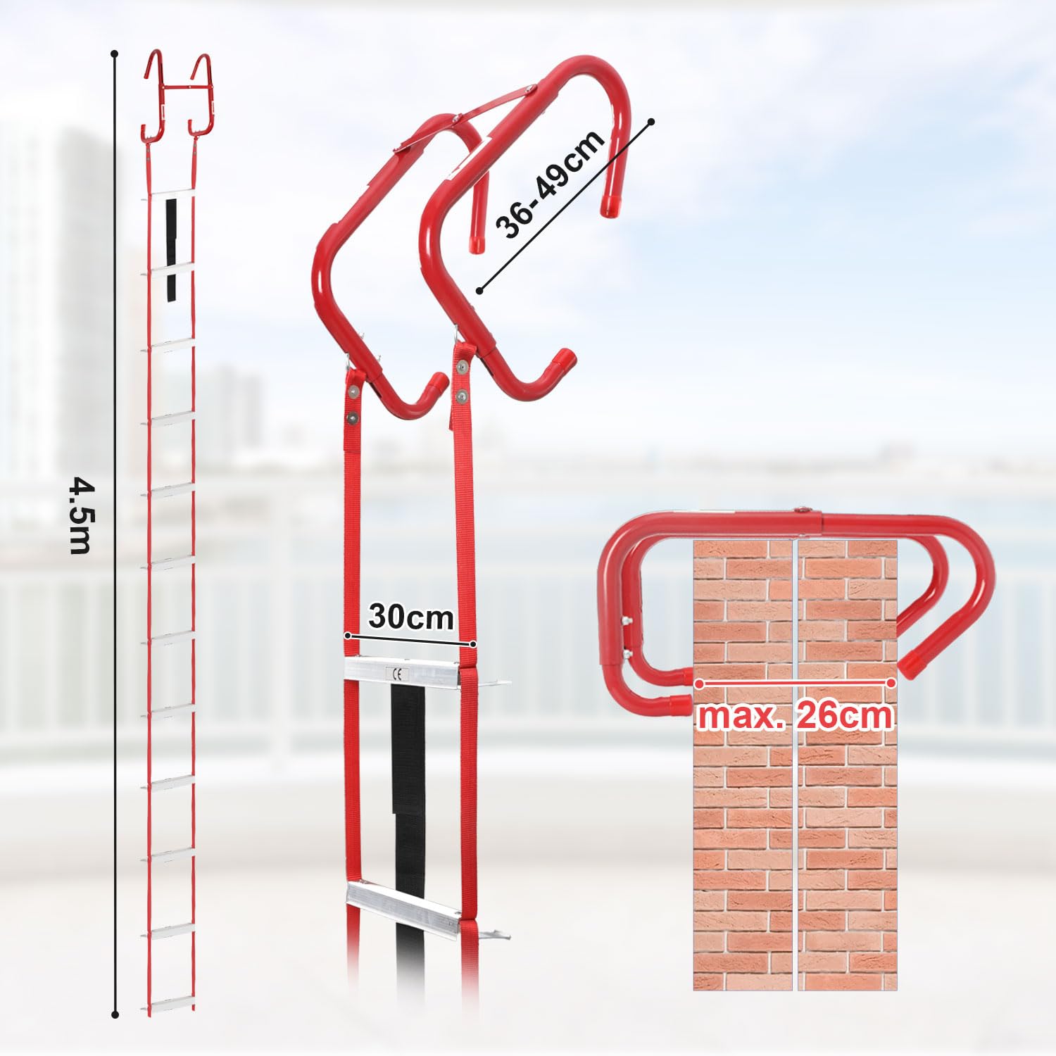 4.5m Aluminium Feuerleiter - Tragkraft 450kg, Einweg-Rettungsleiter mit 3-Sekunden-Entfaltung, Einfache Bedienung ohne Montage, Ideal für Häuser/Büros/Schulen