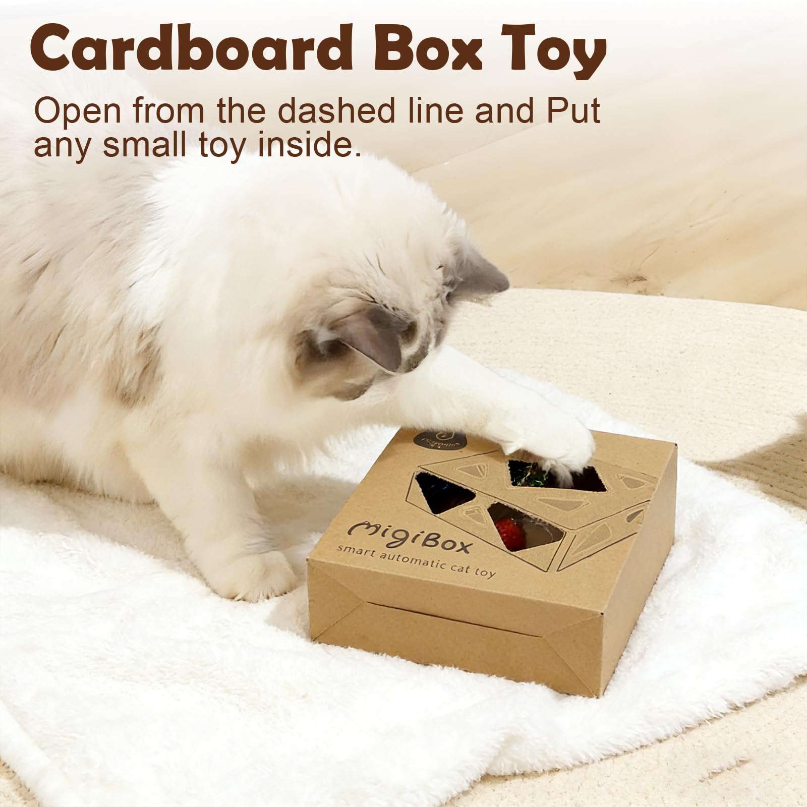 Migipaws Juguete interactivo para gatos blancos con bolsa de tela morada, juego de persecución de ratones alimentado por IA, sensor inteligente, recargable, duradero y divertido de pelota de bricolaje