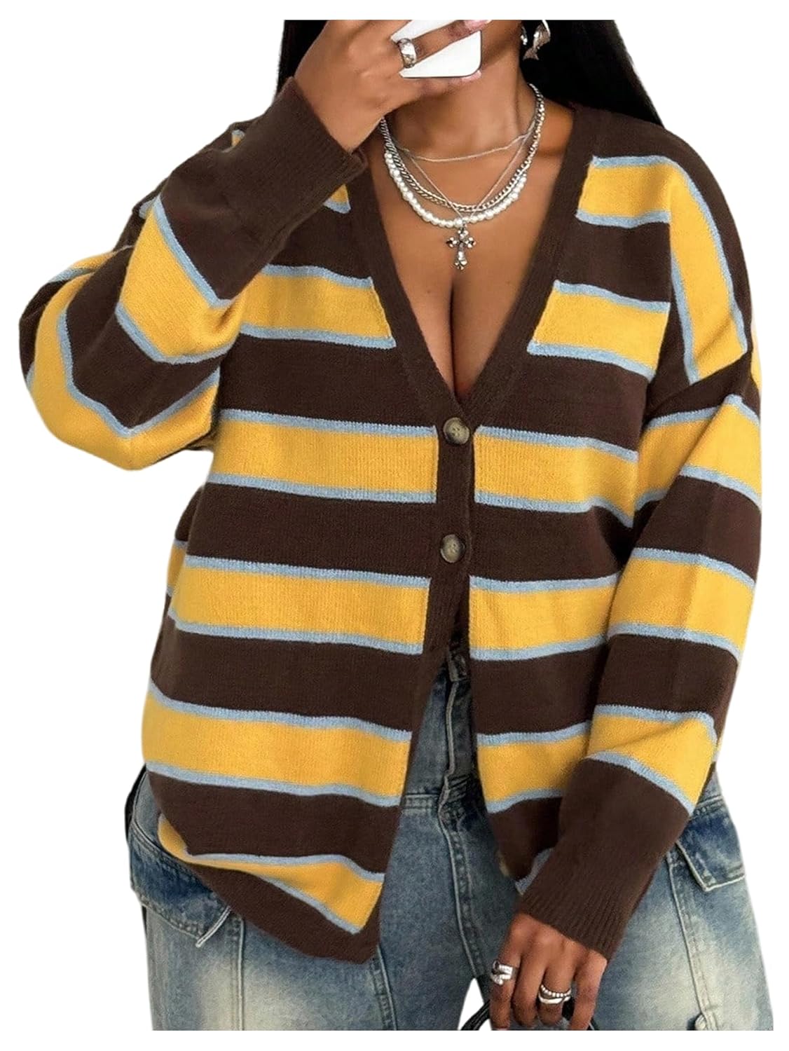 SOLY HUX Womens Plus Size Color Block Striped Cardigan Sweater Button Down V Neck Long Sleeve Knit Outerwear