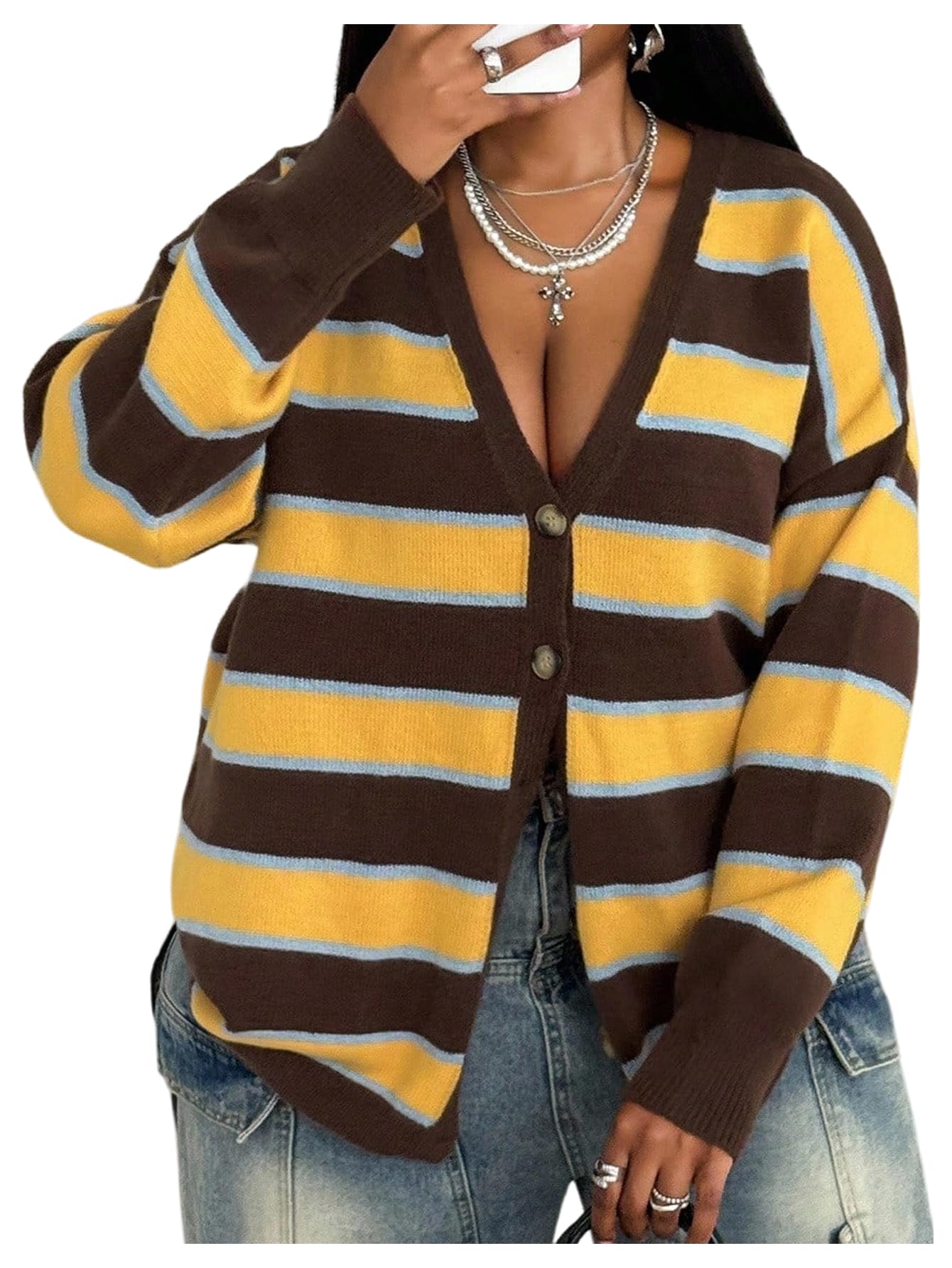 SOLY HUX Womens Plus Size Color Block Striped Cardigan Sweater Button Down V Neck Long Sleeve Knit Outerwear