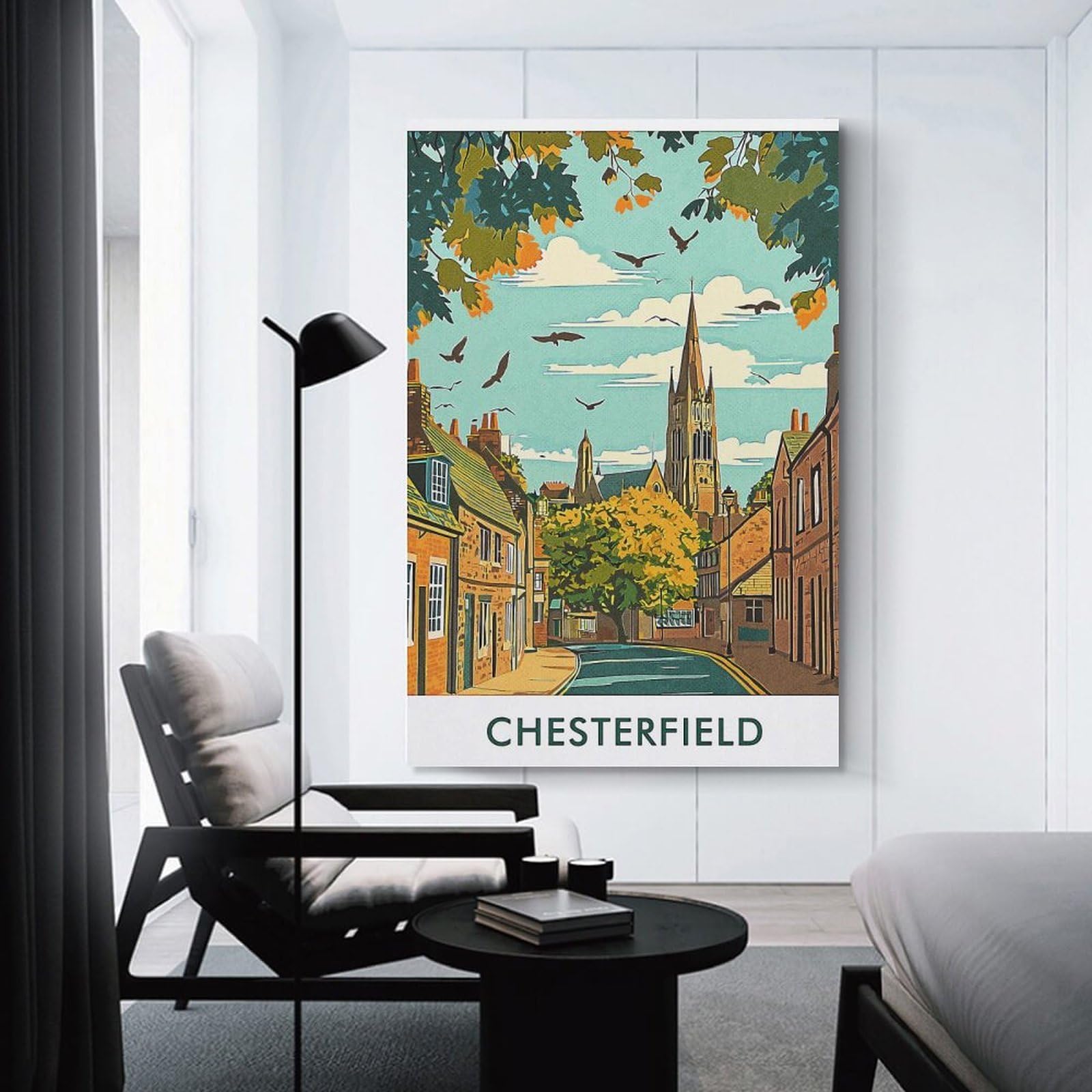 Junmoney Chesterfield Town Scene Decorative Wall Artwork 24x36inch(60x90cm), for Home Lounge, Bedroom Or Reading Nook, Easy Decor for Gallery Walls