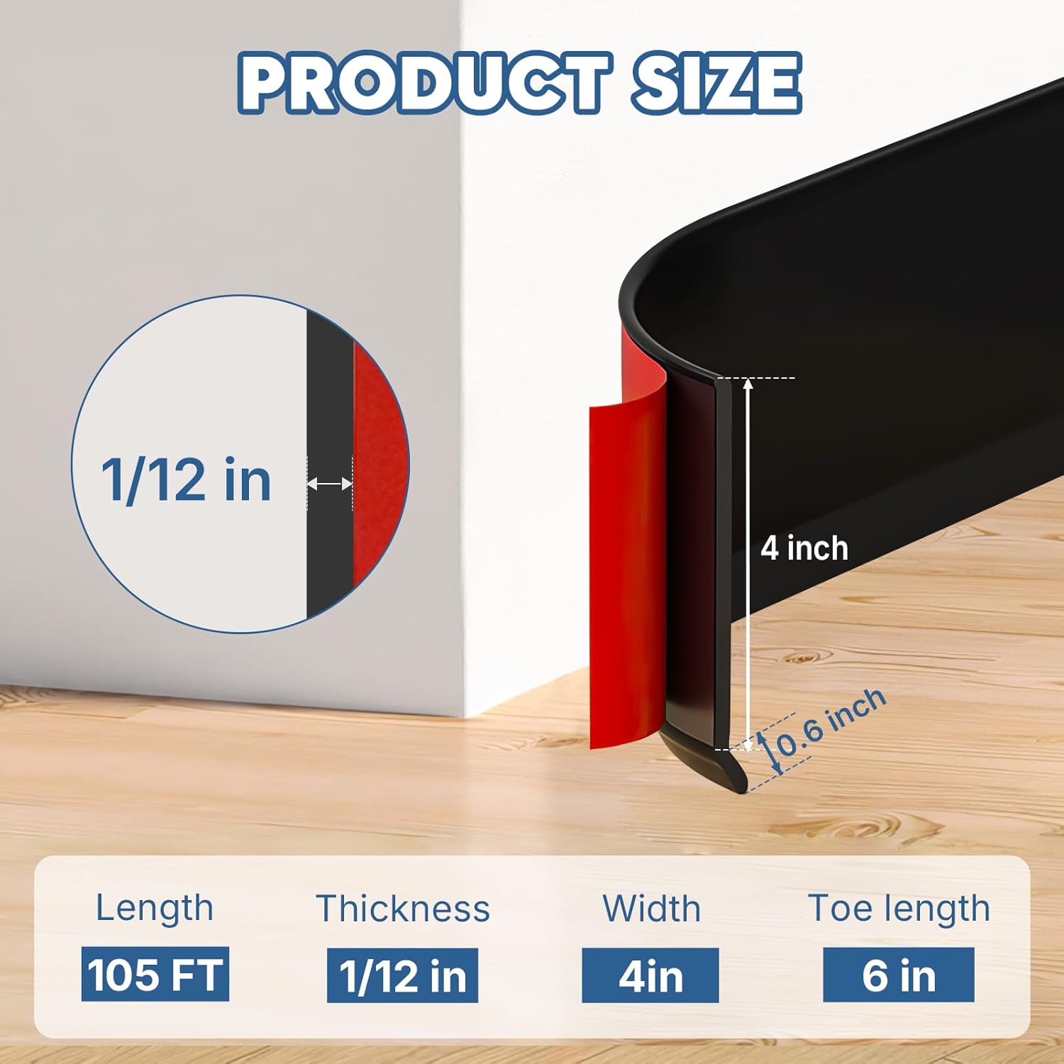 Black Wall Molding Trim, 4 Inch x 105 FT Vinyl Baseboard Trim - Peel and Stick Self-Adhesive, Flexible Cove Base Design Prevents Scuffs and Easy to Clean