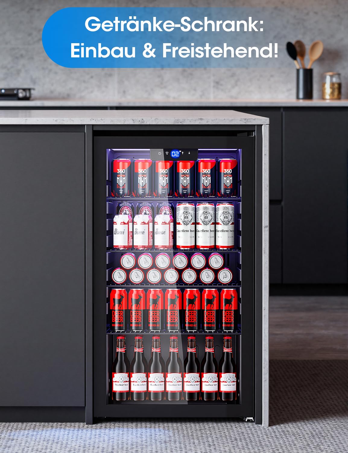 JUMMICO 86L Getränkekühlschrank Frostfrei Leise Energiesparend 126 Dosen 4 Regale