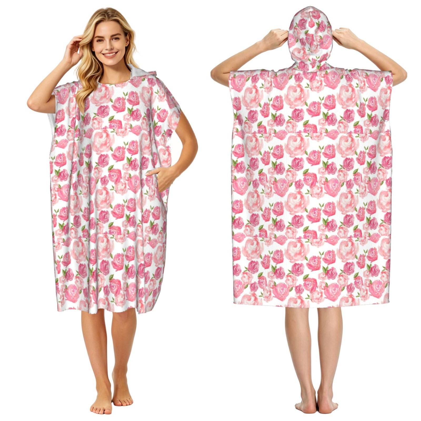 Poadnly Watercolor Floral, Adult Hooded Beach Towel 90 x 110 cm,Changing Bath Robe, Surf Poncho Towel For Women Men