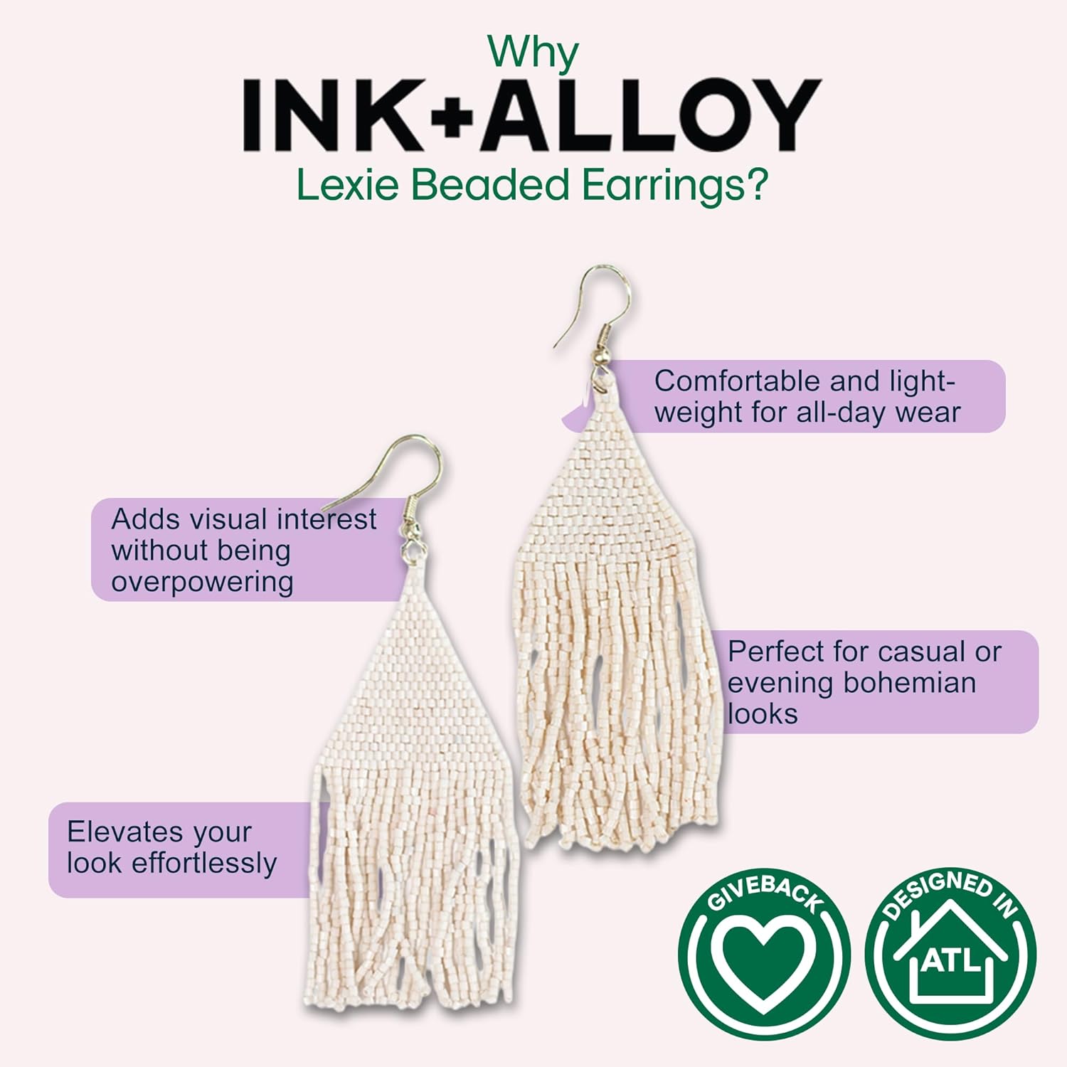 INK+ALLOY Beaded Earrings for Women Dangling, Lexie Medium Fringe Colorful Seed Bead Tassel Boho Earrings, Hypoallergenic Handmade Jewelry for the Modern Bohemian, 3.25-Inch Length