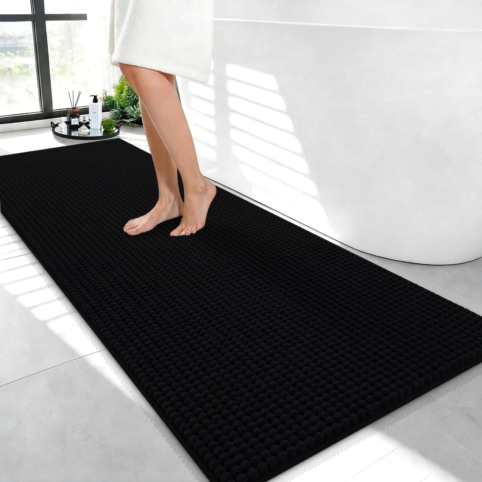 Linruione Black Bath Mat Non Slip, 50x120cm Extra Long Chenille Bath Mats for Bathroom Floor, Super Absorbent & Washable Thick Bathroom Rug Runner