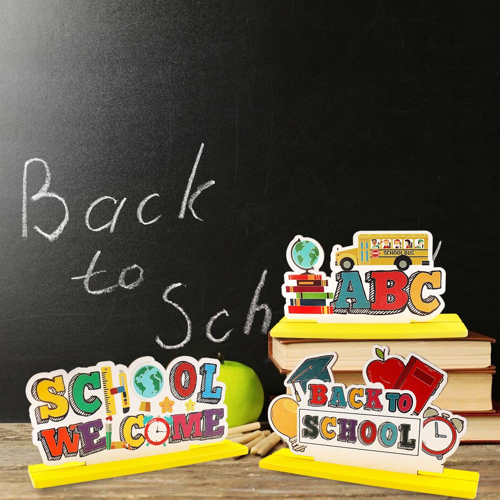 Back To School Wooden Table Decor - 3 Piece Centerpiece Set With School Bus, Blackboard & Books