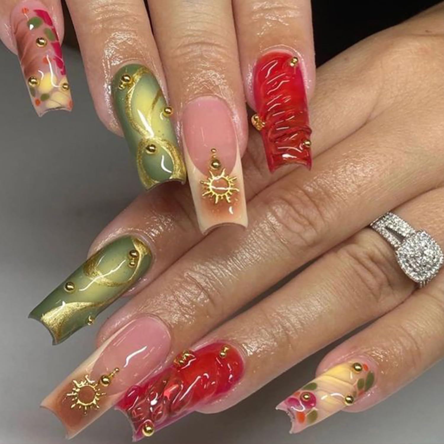 TBRZTR Press on Nails Medium Square 3D Stereoscopic French Glue on Nail Gradient Acrylic Fingernails with Gold Lines Design False Nail Full Cover
