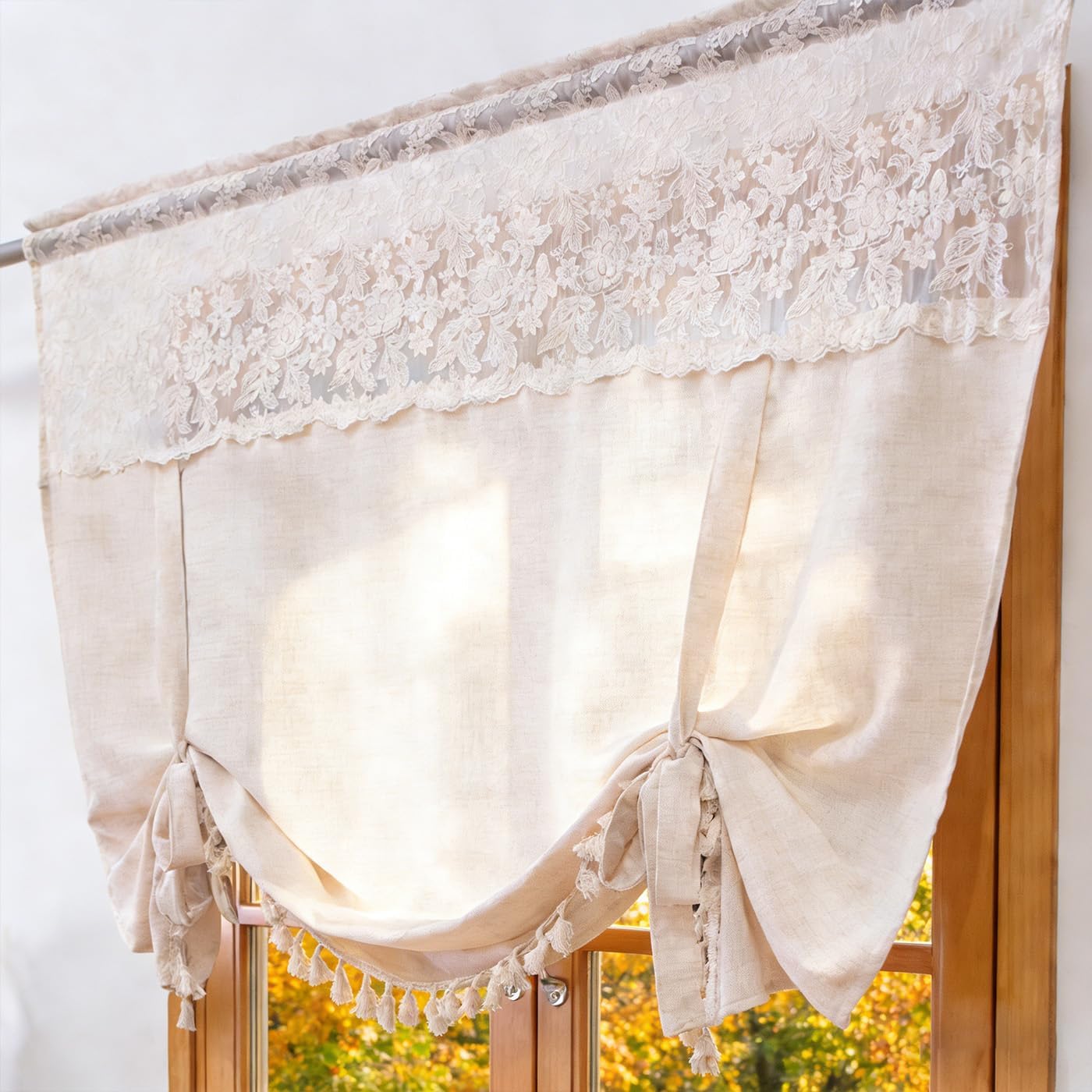 Boho Tassel Floral Lace Tie Up Curtains Rustic Farmhouse Balloon Shades Beige Valance Light Filtering Adjustable Rod Pocket for Small Window Kitchen Bathroom W42 X L63 Inches 1 Panel