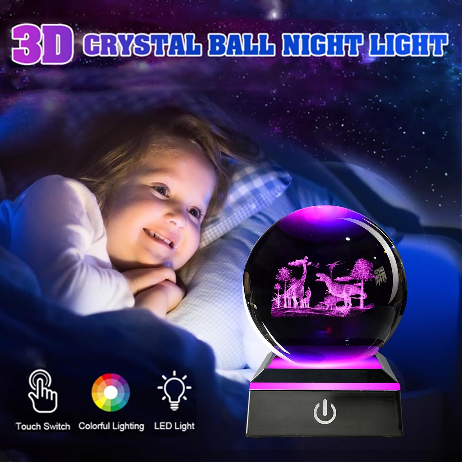 3D Dinosaur Crystal Ball with Variable-Color Light Base, Night Light, a Popular Gift for Holidays and Birthdays, Glass Ball Suitable for Home and Office Decoration (3.14 Inches)