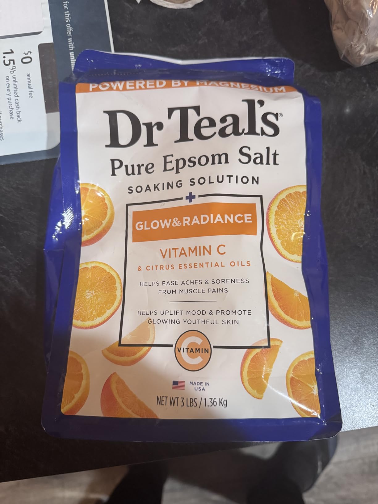 Dr Teal's Pure Epsom Magnesium Salt Soak, Glow & Radiance with Vitamin C & Citrus Essential Oils, 3 lbs