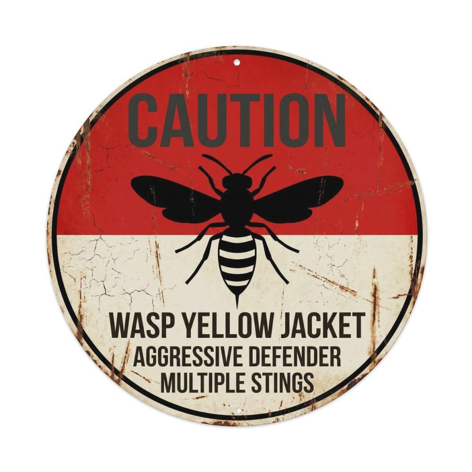 Distressed Insect Caution Symbol Wasp Yellow Jacket Hazard Metal Tin Sign Plaque Wall Decor for Cafe, Man Cave, Club Bar, Office, Home Garden Round Metal Poster 8x8Inch