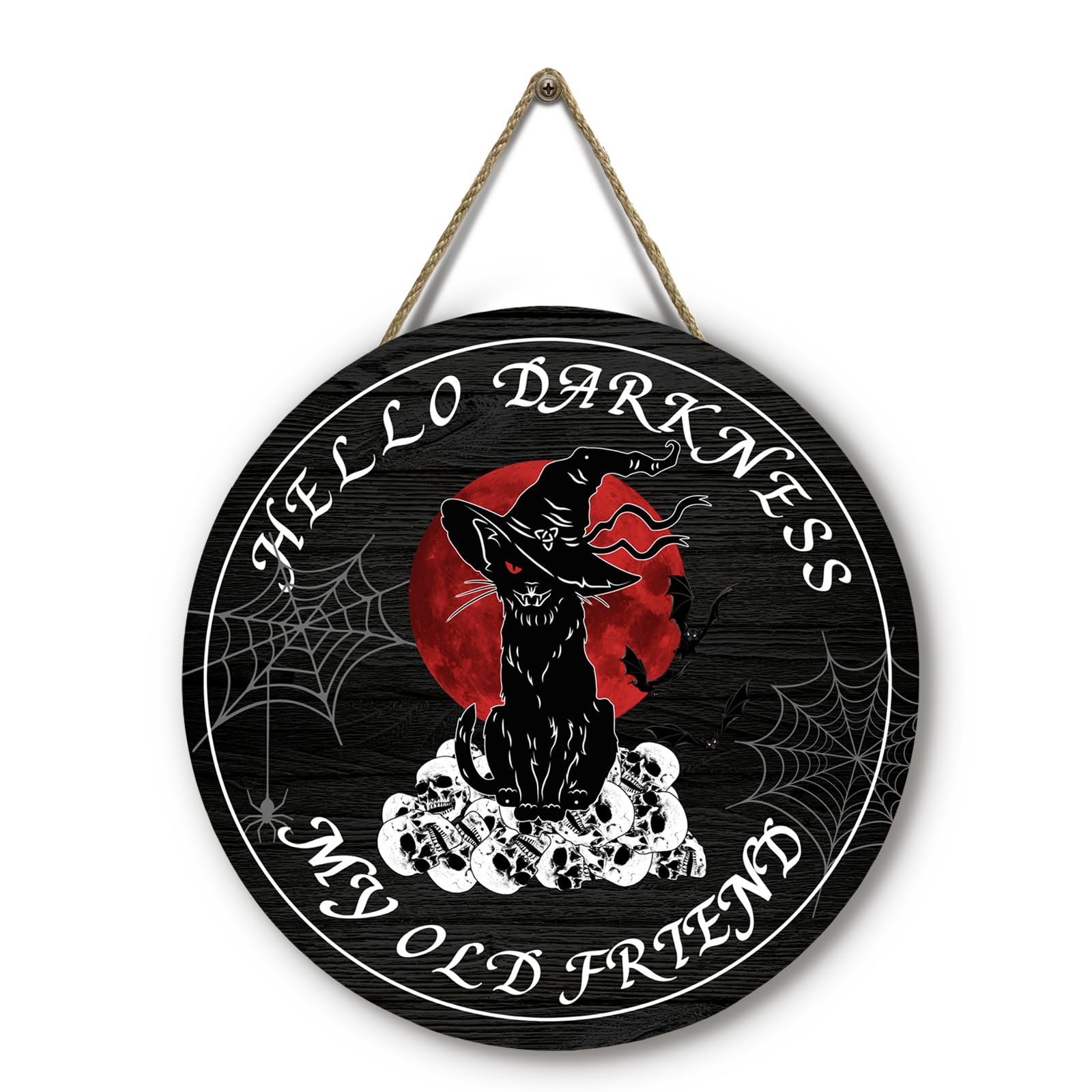 Halloween Black Cat Front Door Signs Hello Darkness My Old Friend Wooden Door Sign Skull Spiderweb Bat Wall Hangers Halloween Door Hanging Decorations for Home Door Porch