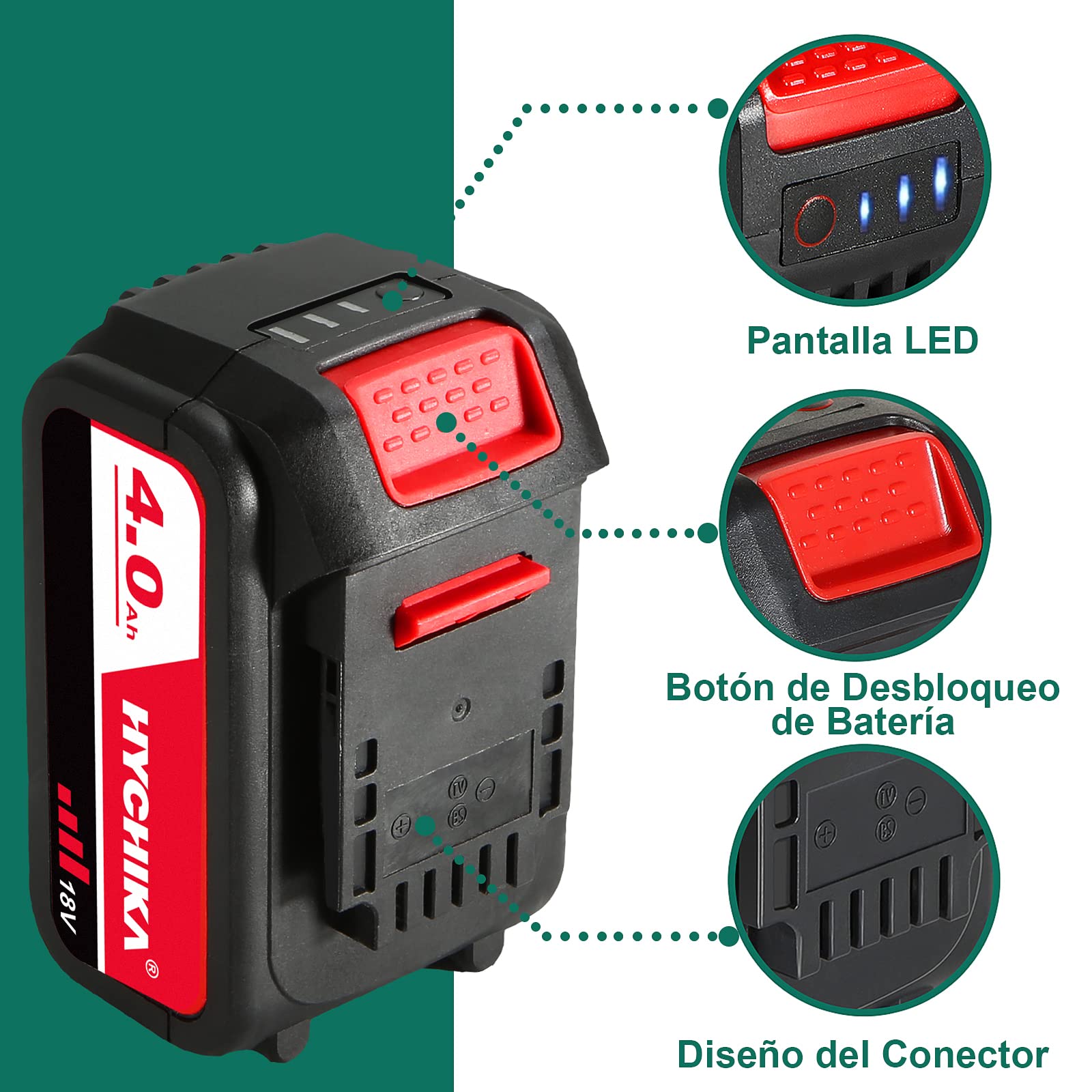 HYCHIKA 4.0Ah Batería 18V Recargable, Batería de Repuesto Para Todas Las Herramientas Eléctricas 18V de HYCHIKA