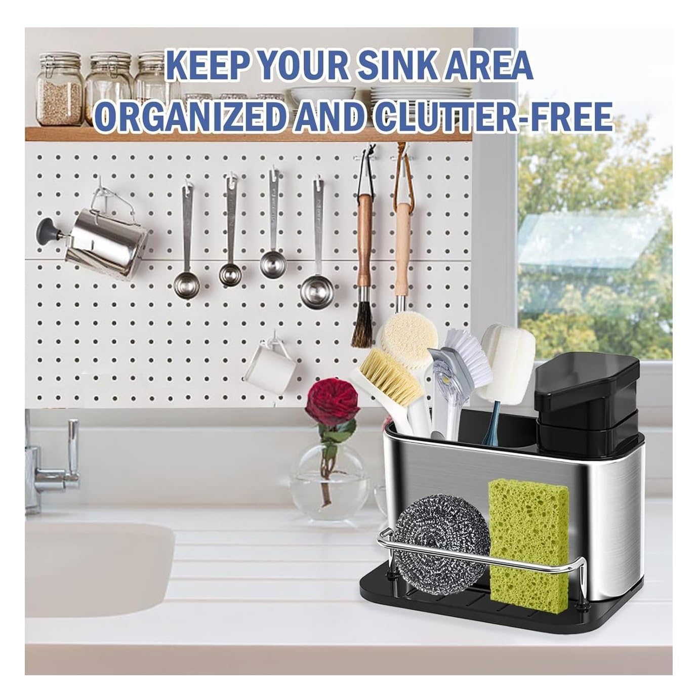 SARNESHWERAM Stainless Steel 3-in-1 Soap Dispenser Sponge and Brush Holder Sink Drainer Rack for Kitchen Caddy Organizer with Refillable Soap Pump Stand 3