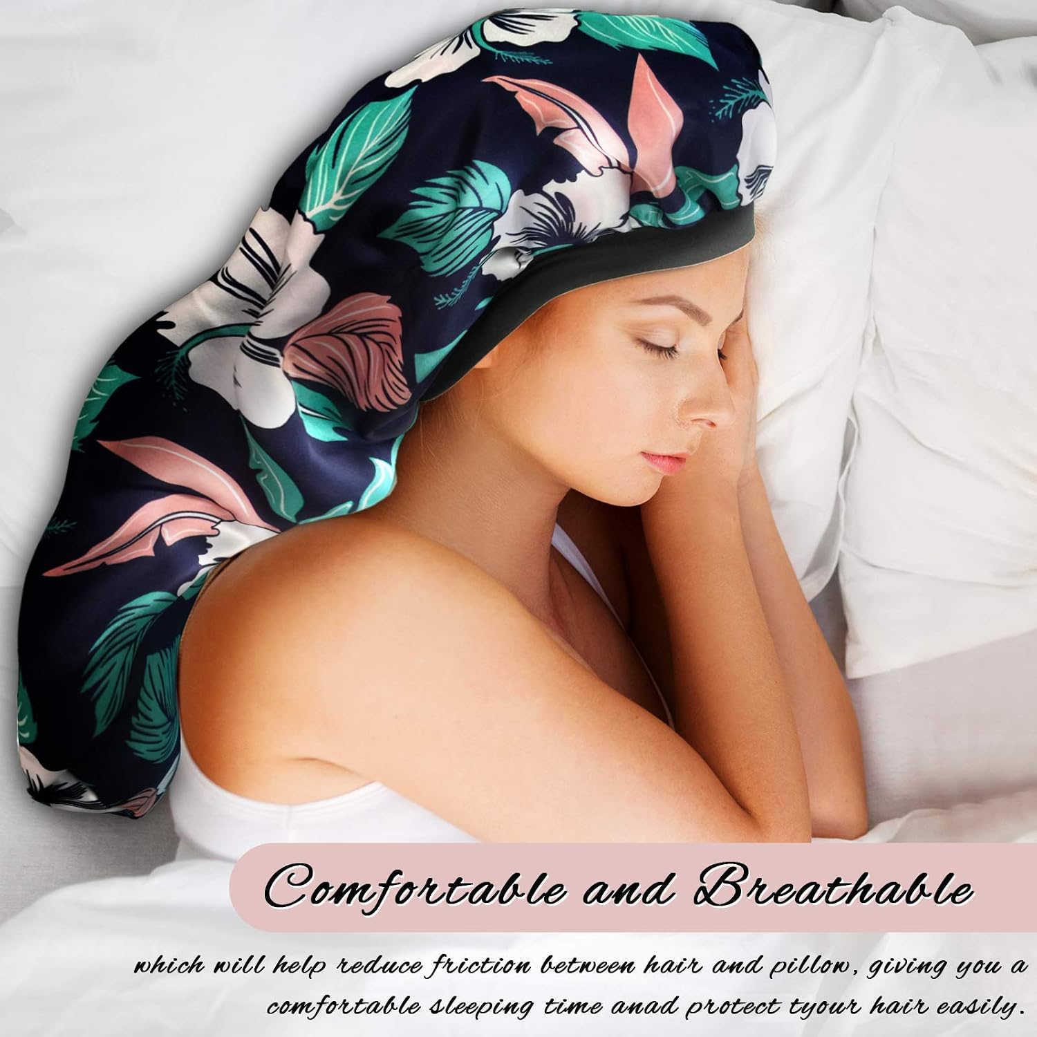 2Pcs Long Satin Bonnet Sleep Cap,Extra Large Braids Bonnets for Sleeping,Long Hair,Soft&Comfortable Elastic Band Bonnets for Women Night Sleep,Hair Bonnets for Women Satin (Black+Green Pattern)