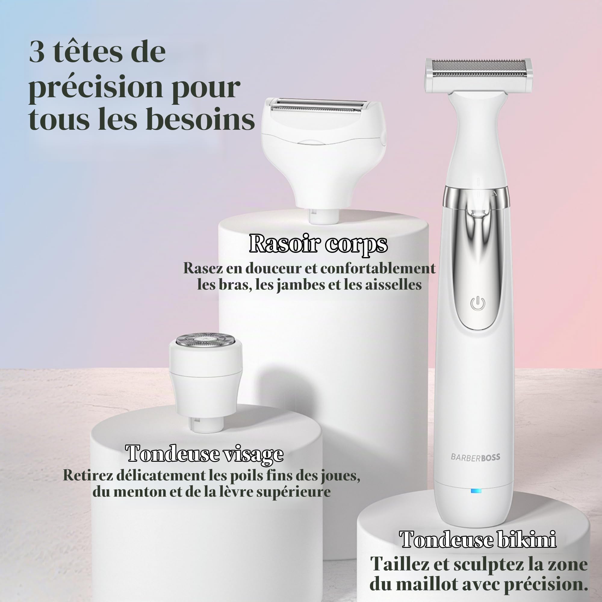 BarberBoss Rasoir électrique pour femme, portable 3 en 1 pour femme, rasoir corps, bikini et visage, rasoir sans fil, épilation visage, rechargeable par USB, QR-8003 | Rasoir portable, pour le corps, le bikini et le visage, sans fil, rasoir humide et sec,