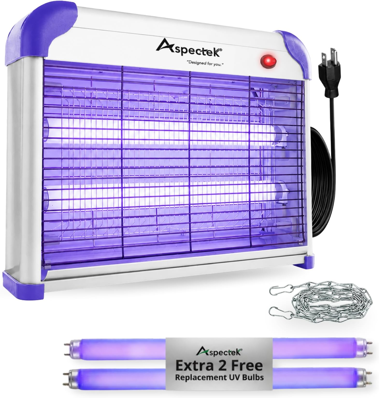 ASPECTEK 20W Heavy Duty Bug Zapper, 2800V High-Voltage Electric Mosquito and Fly Killer, Indoor and Covered Outdoor Gnat Control for Bedroom, Patio and Greenhouse, Includes 2 UV Bulbs - Purple