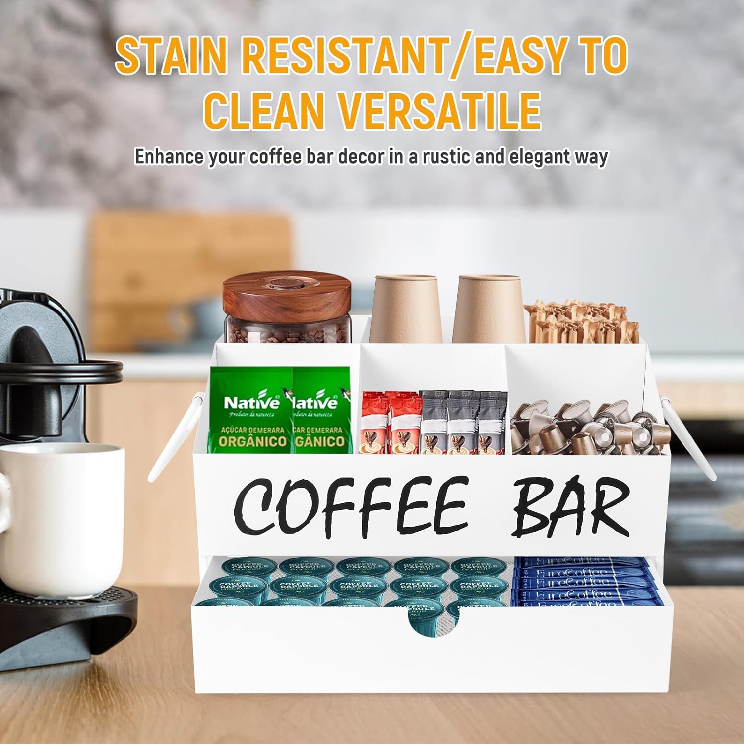 Coffee Bar Accessories Organizer - Countertop Coffee Station with Drawer, Pod Holder & Condiment Organizer，White