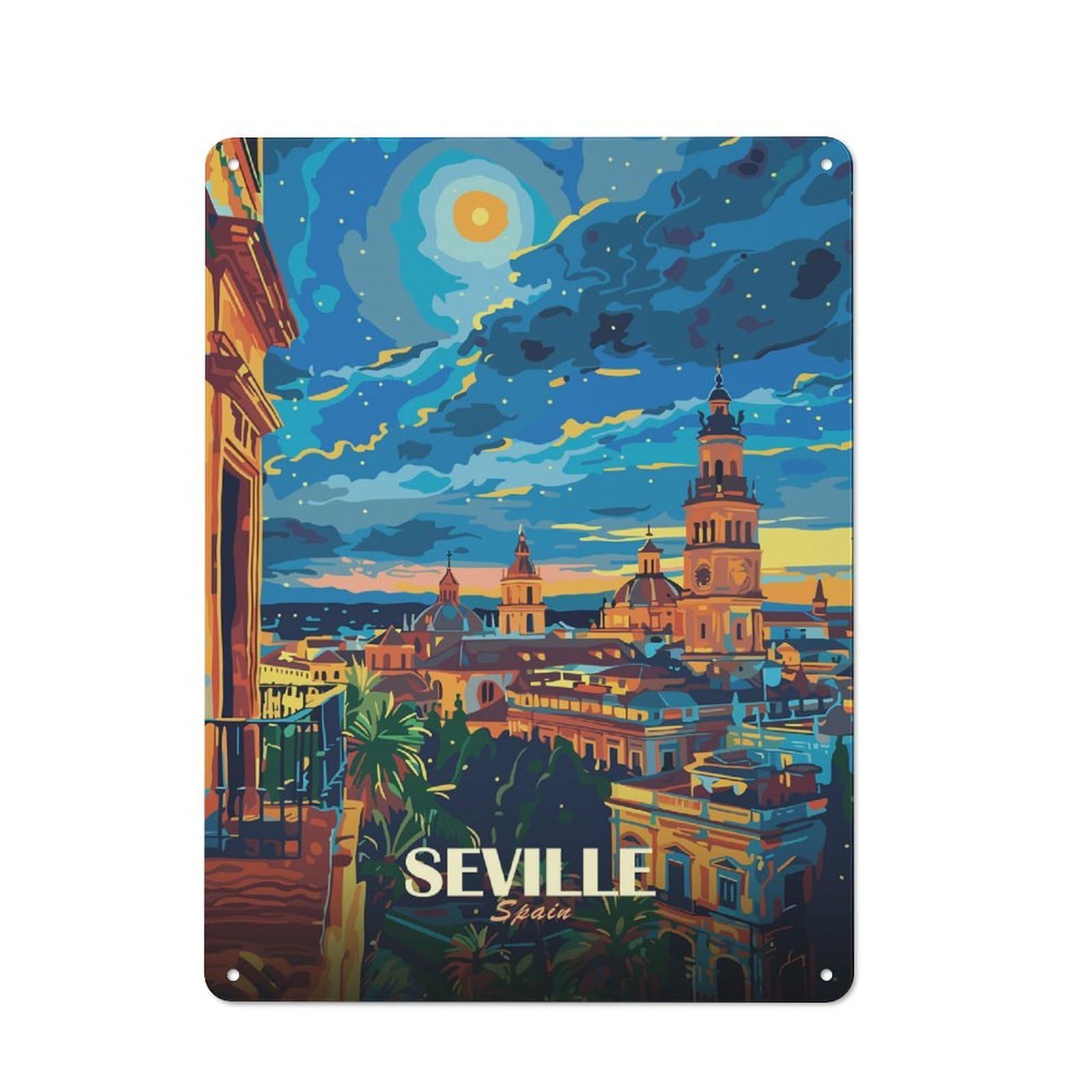 Junmoney Style-19 For Hobby Room Or Studio, Seville, Spain Cityscape Art Retro Metal Sign 40X30cm, A Decorative Gift For A Newly Furnished Hobby Room And Studio