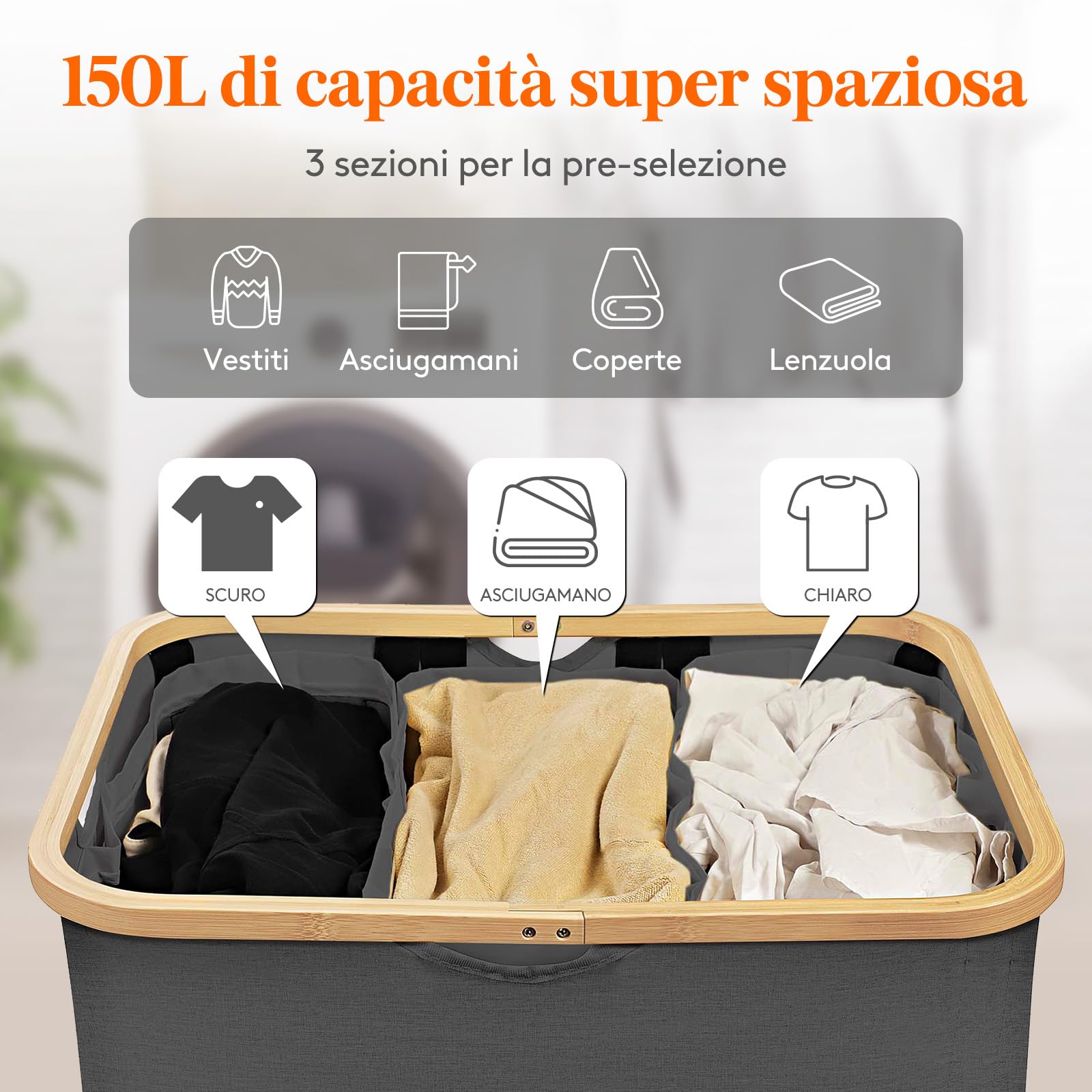 Lifewit 150L Cesto Portabiancheria 3 Scomparti, Cesta Biancheria Sporca con Manici Bambù, Cesto Panni Sporchi con 3 Sacco, Cesto Lavanderia, Porta Biancheria Sporca per Bagno, Grigio Scuro