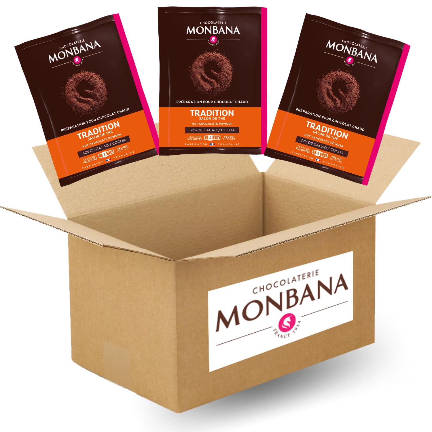 MONBANA | 50 sachets de chocolat TRADITION - SALON DE THÉ | Doses individuelles de 20 g de chocolat en poudre à déguster tout au long de la journée