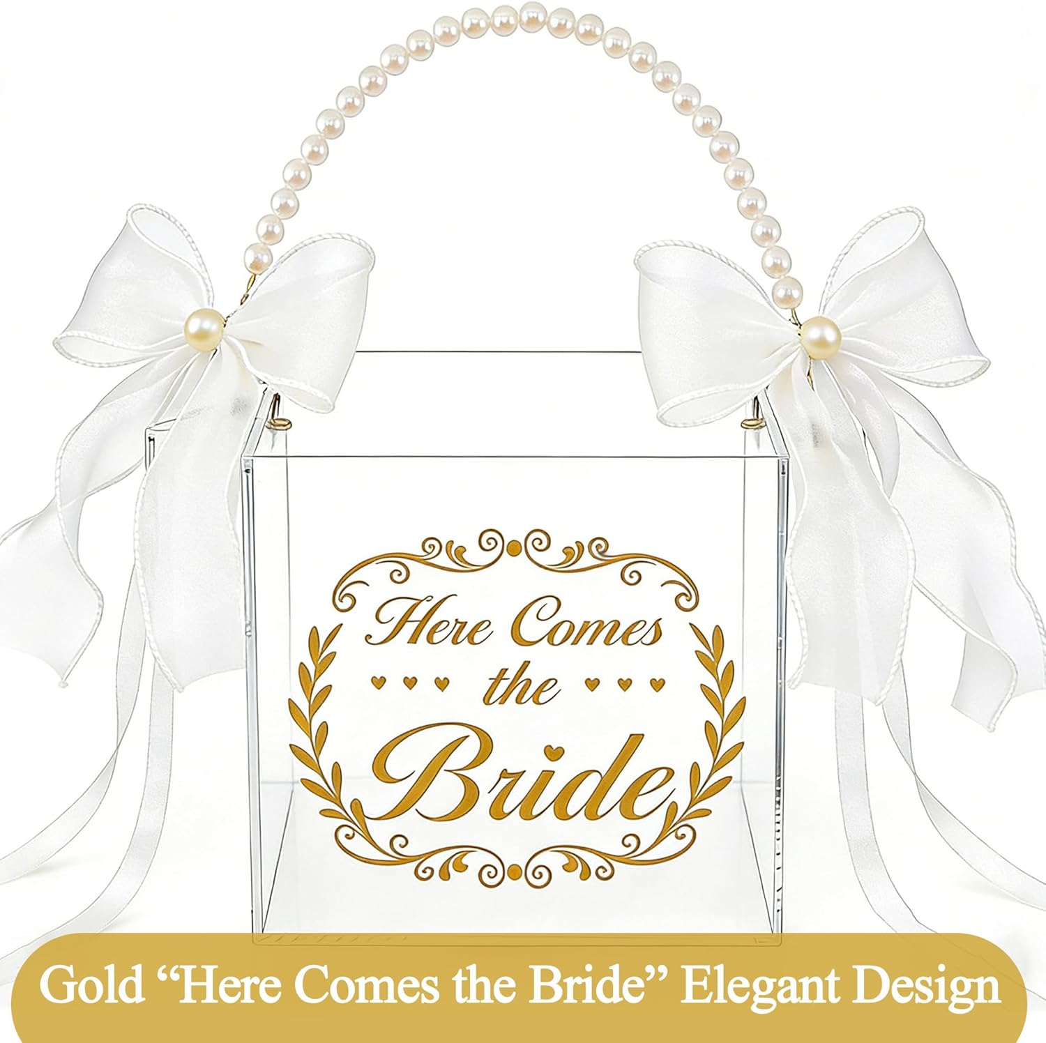 Acrylic Flower Girl Basket with Pearl Handle, Clear Wedding Flower Basket with Lace Bow for Petals, Flower Girl Basket for Wedding Ceremony - Here Comes the Bride