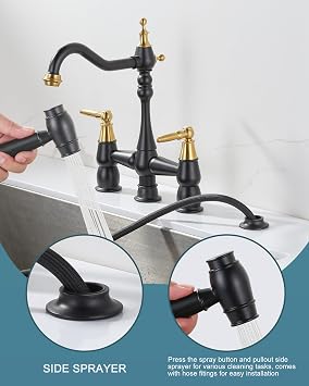 Kitchen Faucet Bridge with Side Sprayer, 4 Hole Brass Kitchen Faucet with 360 Swivel Tap, 2 Handle 8 Inch Vintage Faucet for Kitchen Sinks, Black Gold