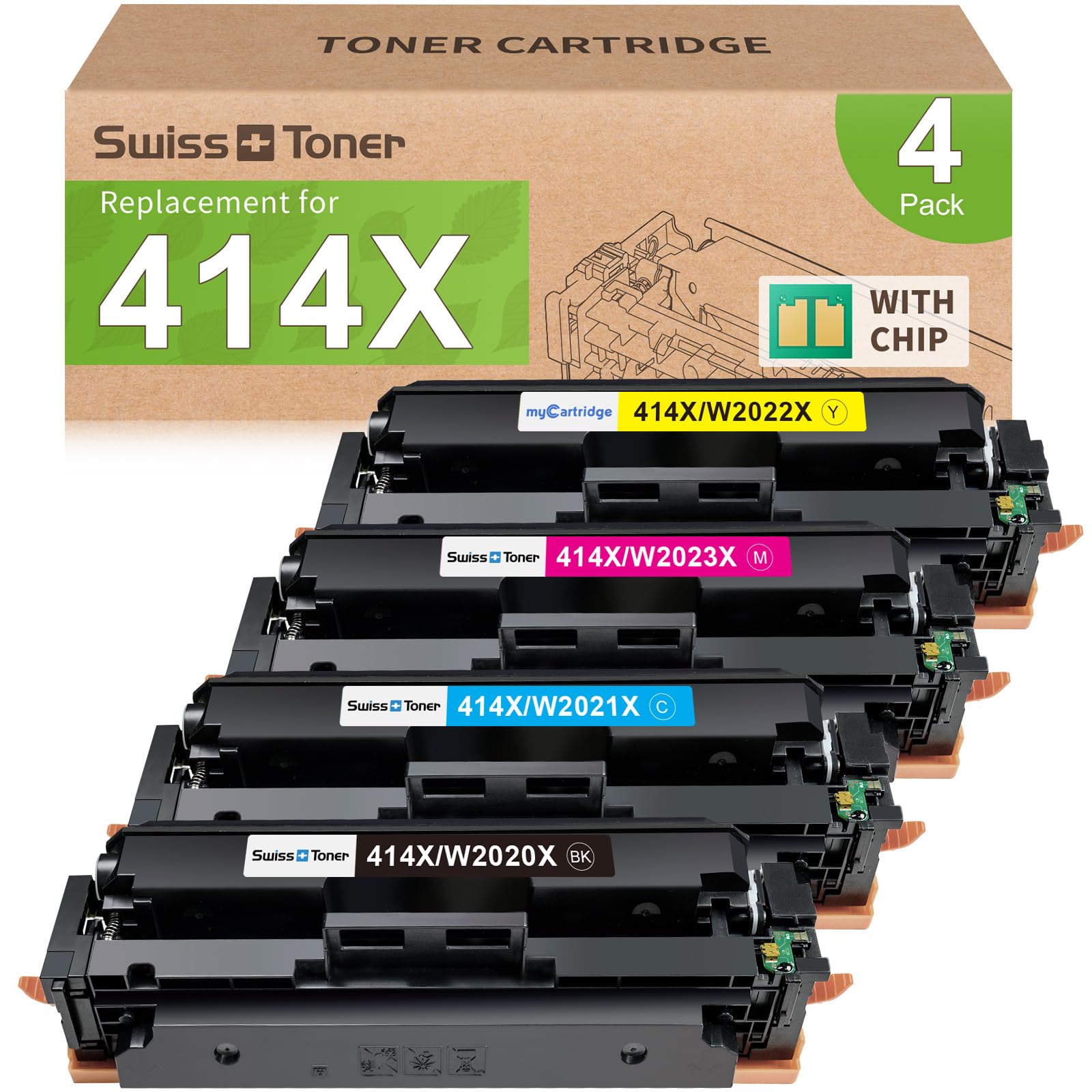 Photo 1 of swiss toner 414X Toner Cartridges 4 Pack with Chip Compatible for HP 414X 414A Toner Replacement for HP Color LaserJet Pro MFP M479fdw M479fdn M479dw Pro M454dw M454dn M479 M454 M480f W2020X (BCMY)