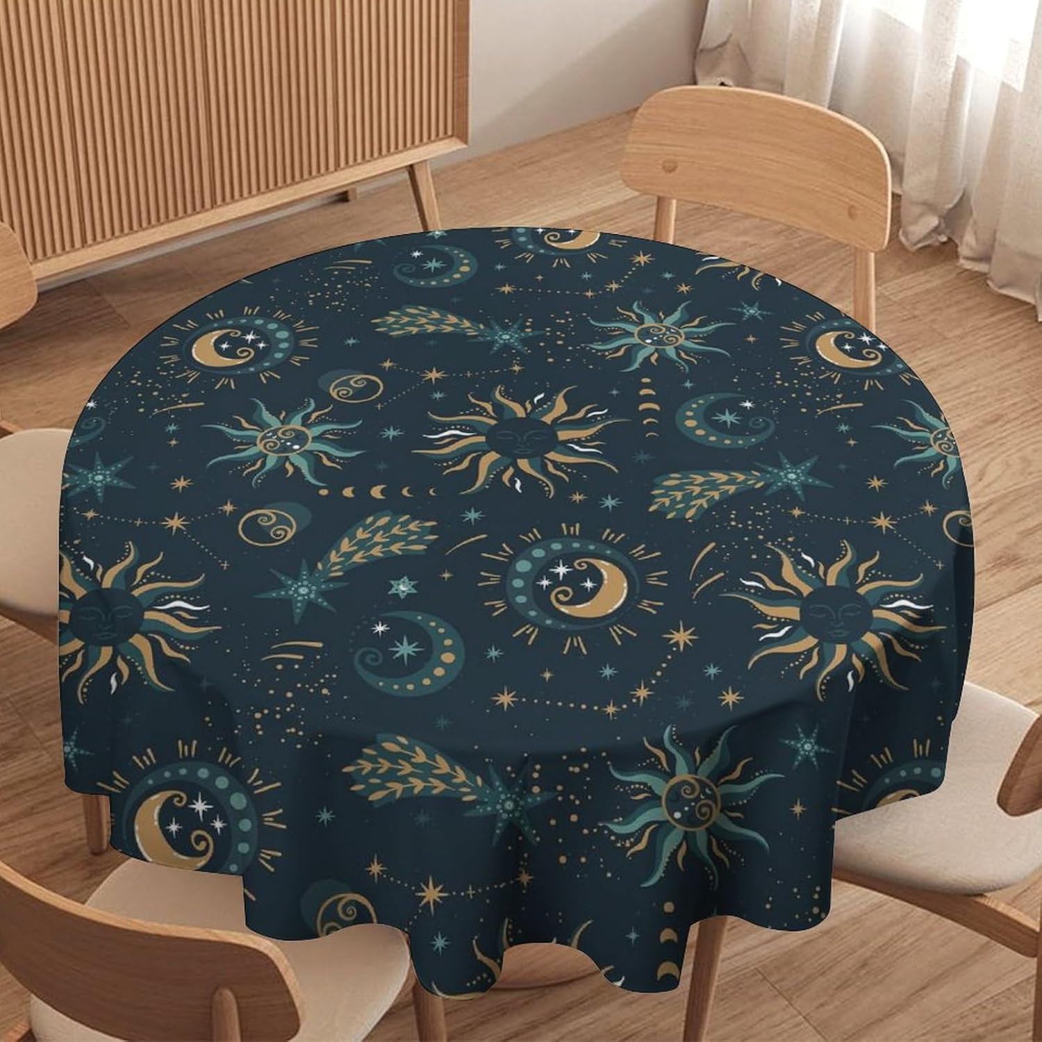 Magic Phase Moon Round Tablecloth, Sun Star Plants Table Cover for Dinner Kitchen Dining Room Party, 60x60 Inch