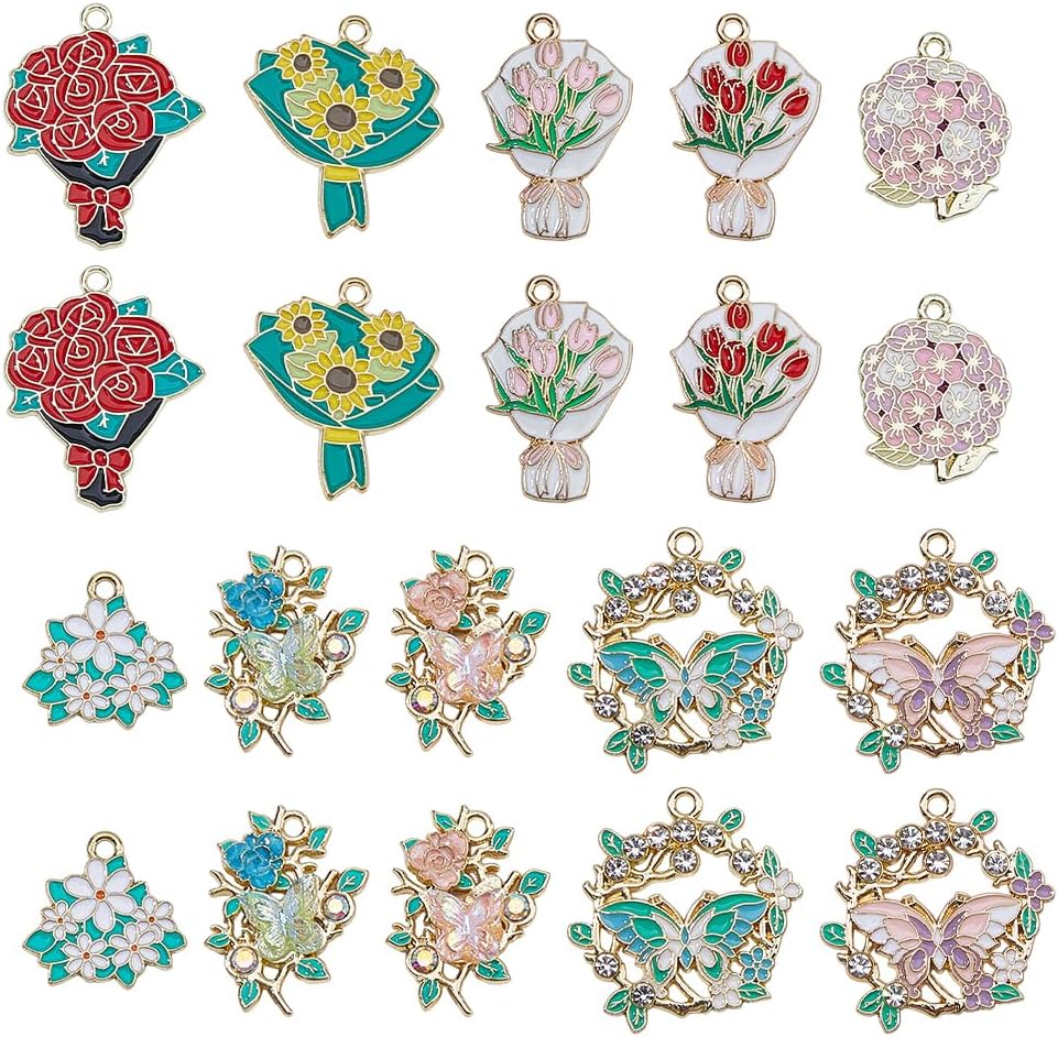 20Pcs 10 Styles Flower Charms Alloy Enamel Floral Pendants Flower Bouquet Enamel Charms Mixed Color for Valentine's Day Jewelry Making Necklace Earring Craft Supplies