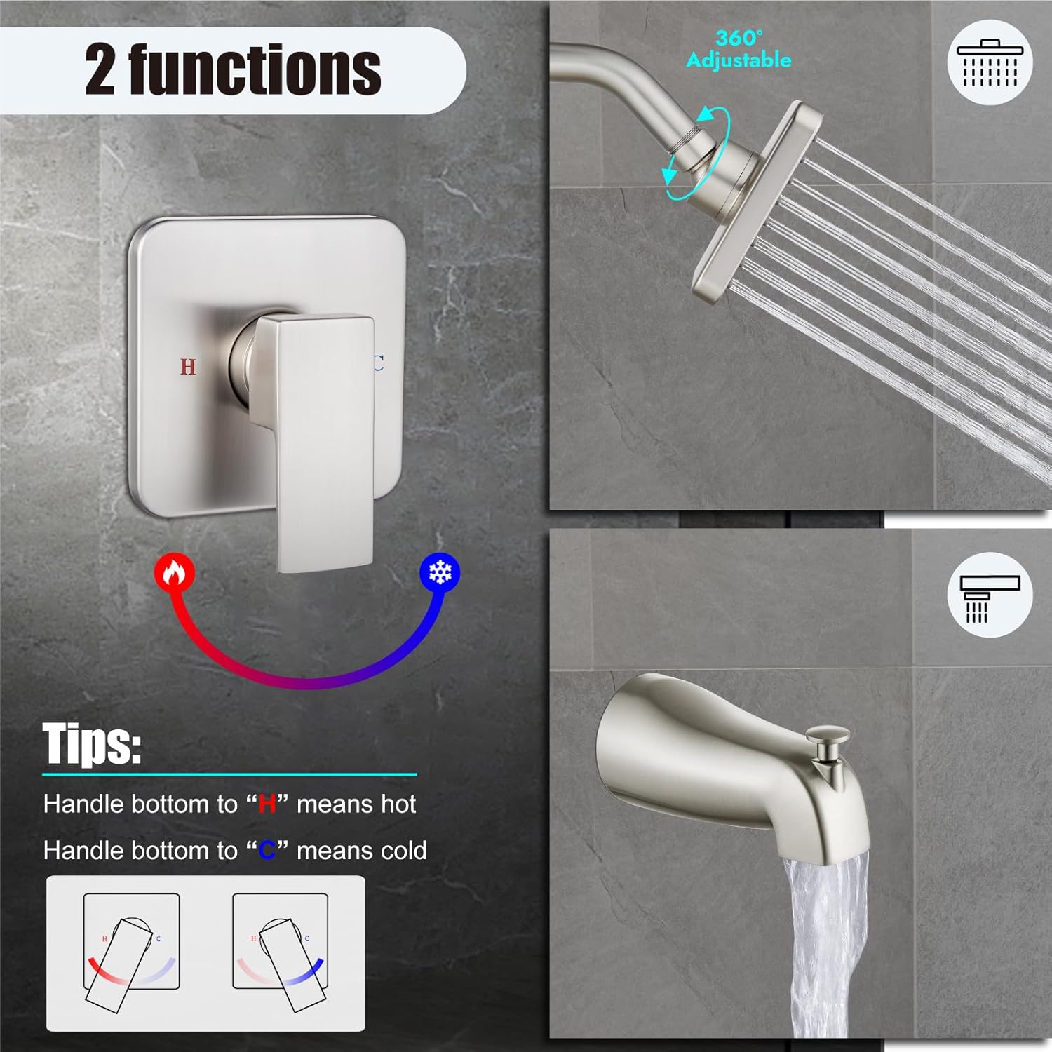 Heyalan Shower Faucet Set with Tub Spout, Bathtub and Shower Trim Kit with Valve, Single Handle Bathroom Shower Faucet Set 4 Inch Square Rainfall Shower Head, Brushed Nickel