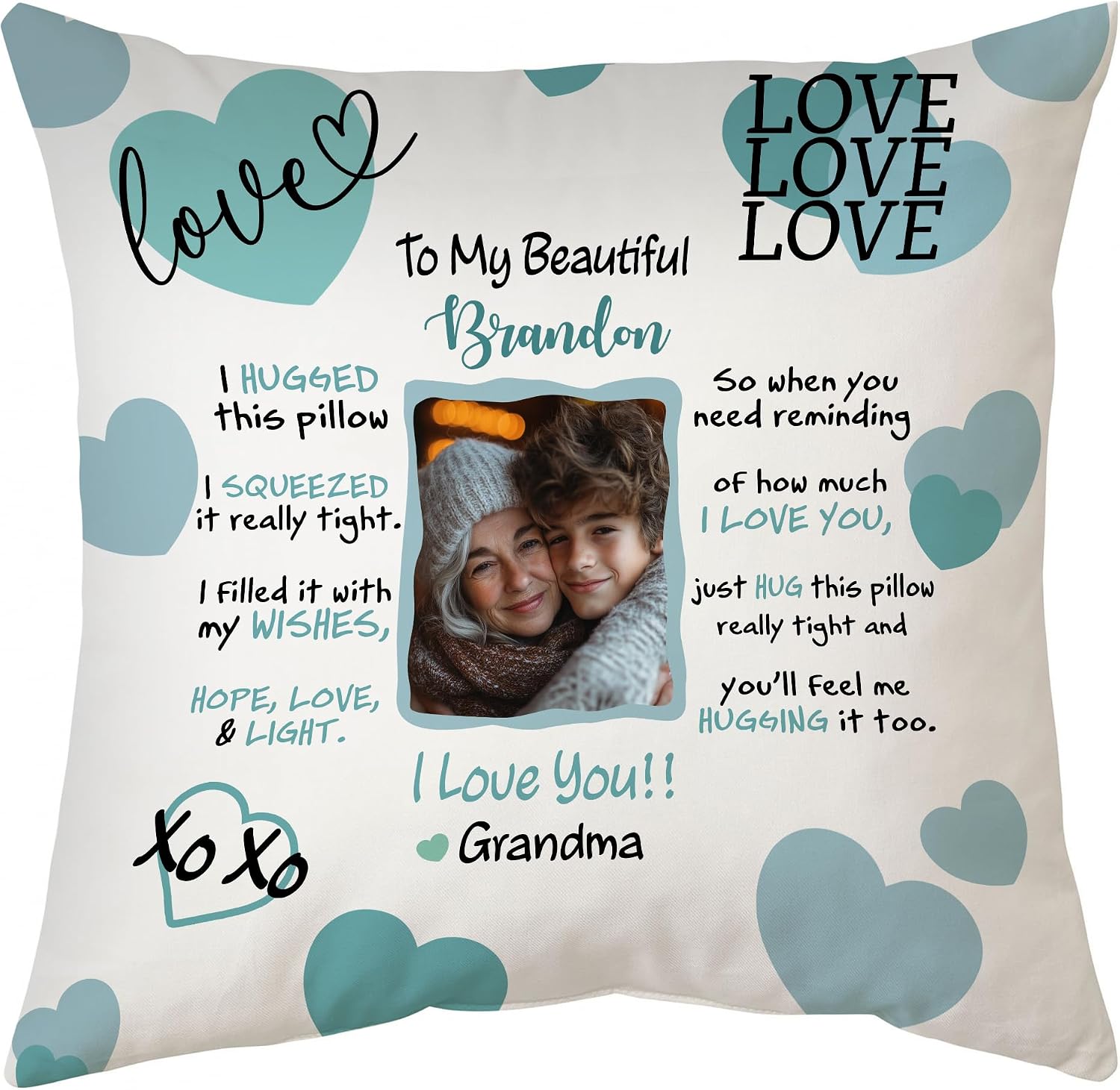 Hyturtle Personalized Grandson Pillow with Insert 12"x12" Double-Sided Printed - Unique Grandson Gifts from Grandma, Grandpa - Christmas, Birthday Gifts - Custom Name Photo Home Decor Pillow
