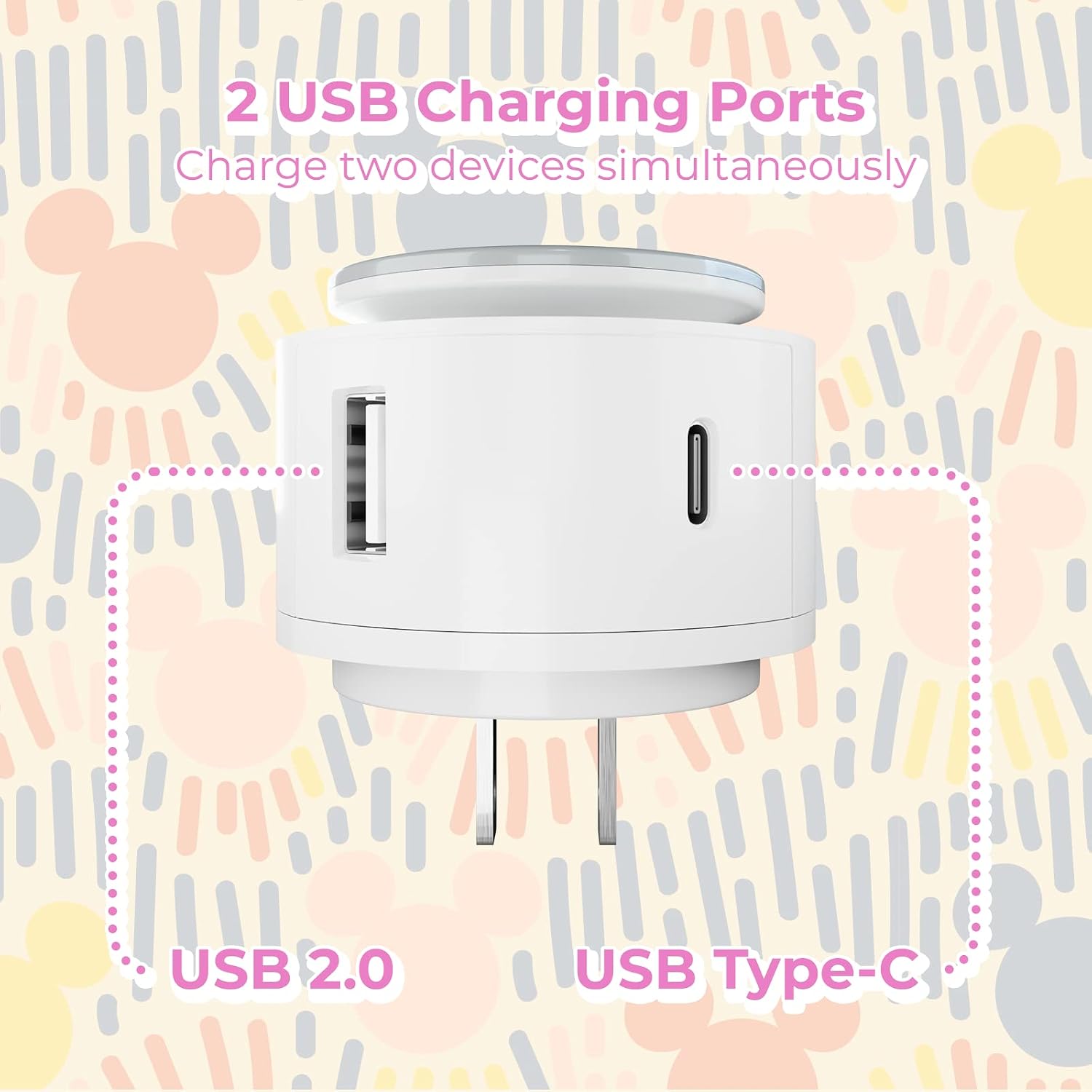 Close-up of the night light showing the USB 2.0 and USB Type-C charging ports.