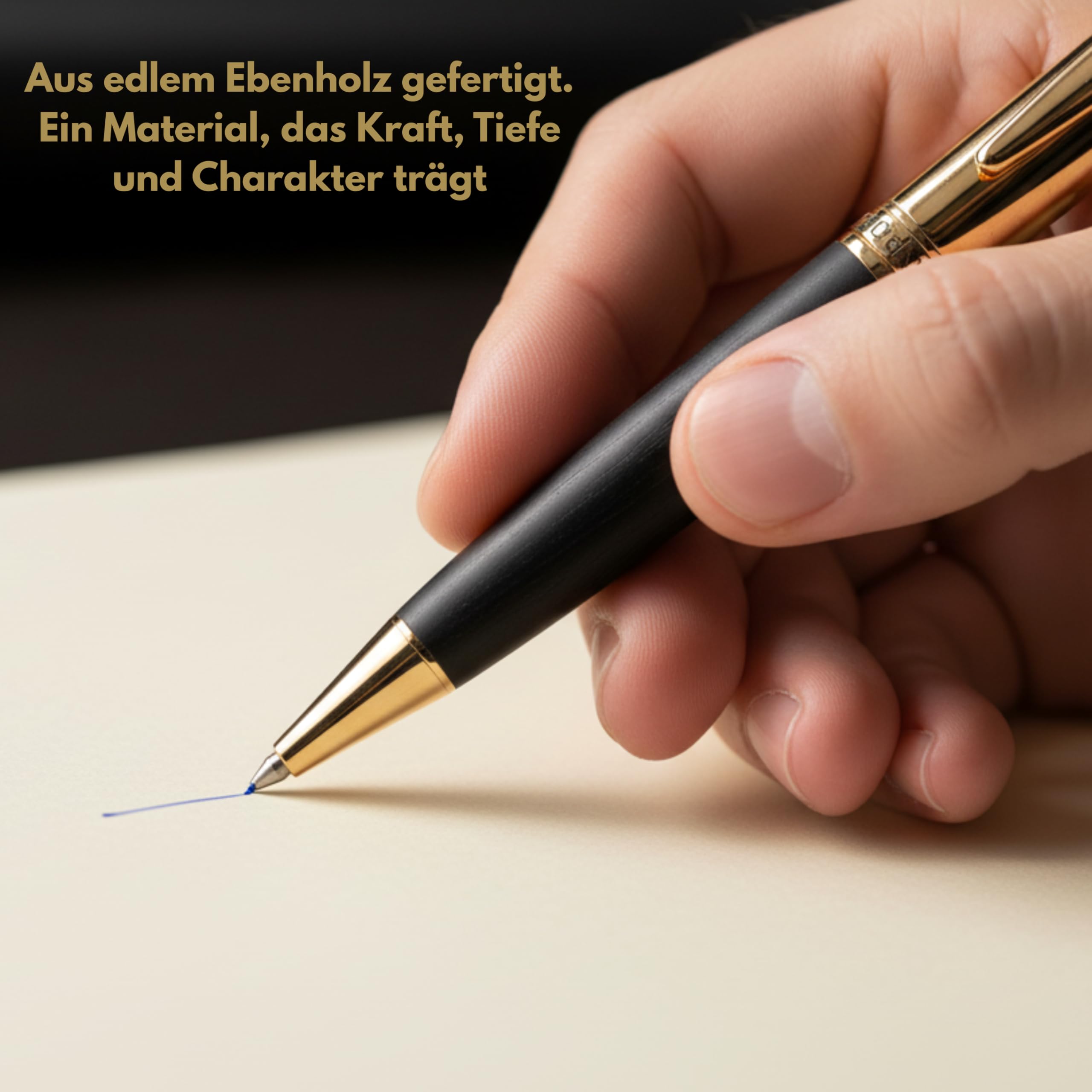 Hörner Legno Kugelschreiber mit Gravur I Ebenholz-Gold I Premium Design I Edle Geschenk-Box I Schreibfarbe Blau I Strichstärke M 1 mm I Drehkugelschreiber I Hochwertiger Holzkugelschreiber