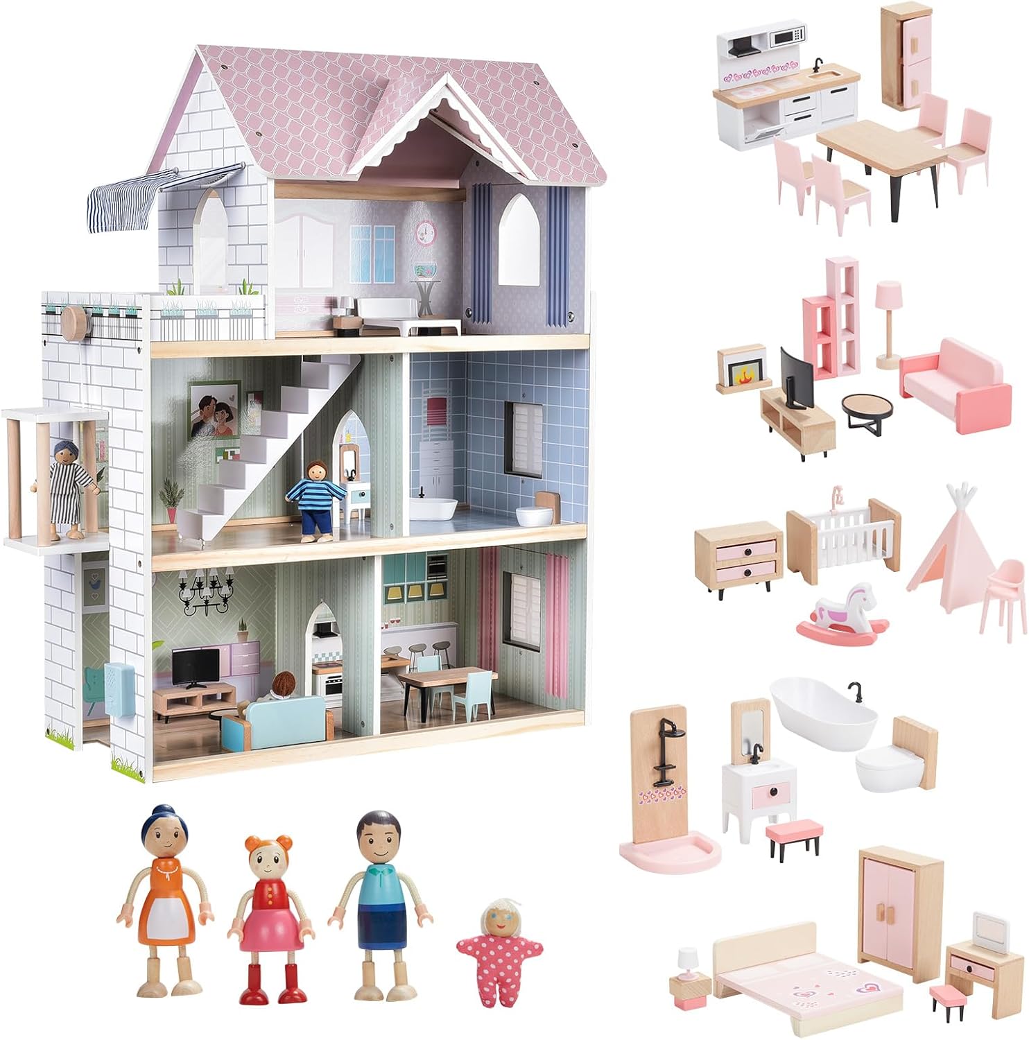 Pink Wooden Dollhouse with Furniture Set for Girls, 36pcs Furnitures with 4 Family Dolls
