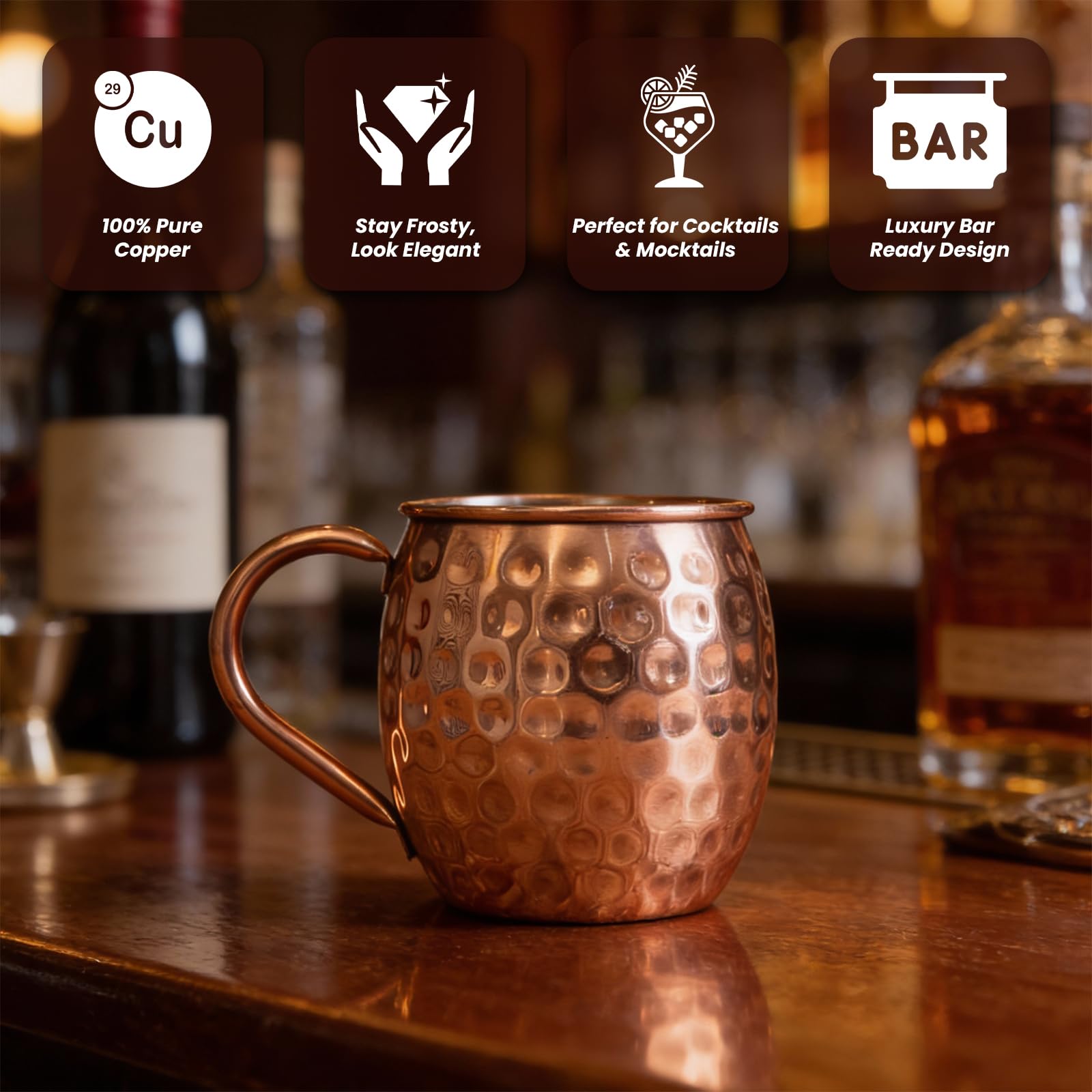 Craft Trade Moscow Mule Kubki zestaw 4 sztuk, ręcznie wykonane, młotkowane miedziane kubki z 4 miedzianymi słomkami i dzbankiem, idealny kubek do zimnych napojów, piwa, wina, barów, imprez, prezentów