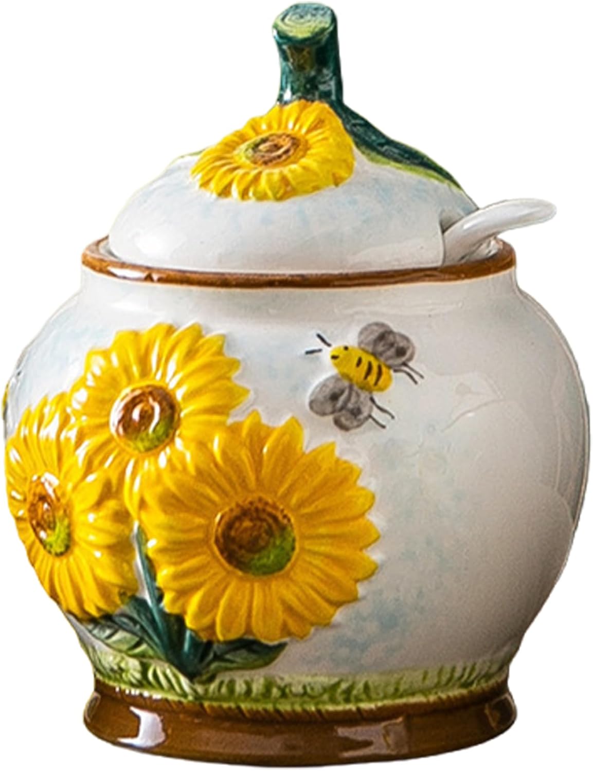 Sugar Container, Embossed Sunflower and Bee Sugar Bowl with Lid And Spoon, 4x4.7 Ceramic Bowl for Kitchen Countertop, Coffee BarSugar Container image 2
