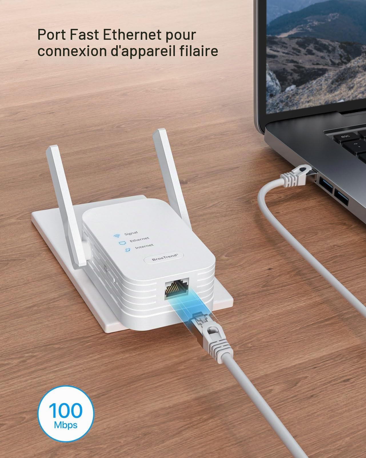 BrosTrend N300 Adaptateur WiFi Ethernet, 2.4GHz Pont WiFi Ethernet, Antenne WiFi RJ45 pour Imprimante, Caméra IP, TV, Console de Jeux, Xbox, Adaptateur RJ45 WiFi Supporte Désactiver Le Réseau Étendre