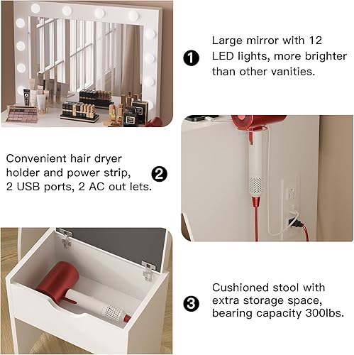 Miniatura 4 de Titoni Juego de mesa de tocador con espejo iluminado, tocador de maquillaje con estación de carga, cajón grande de madera resistente con luces, 3