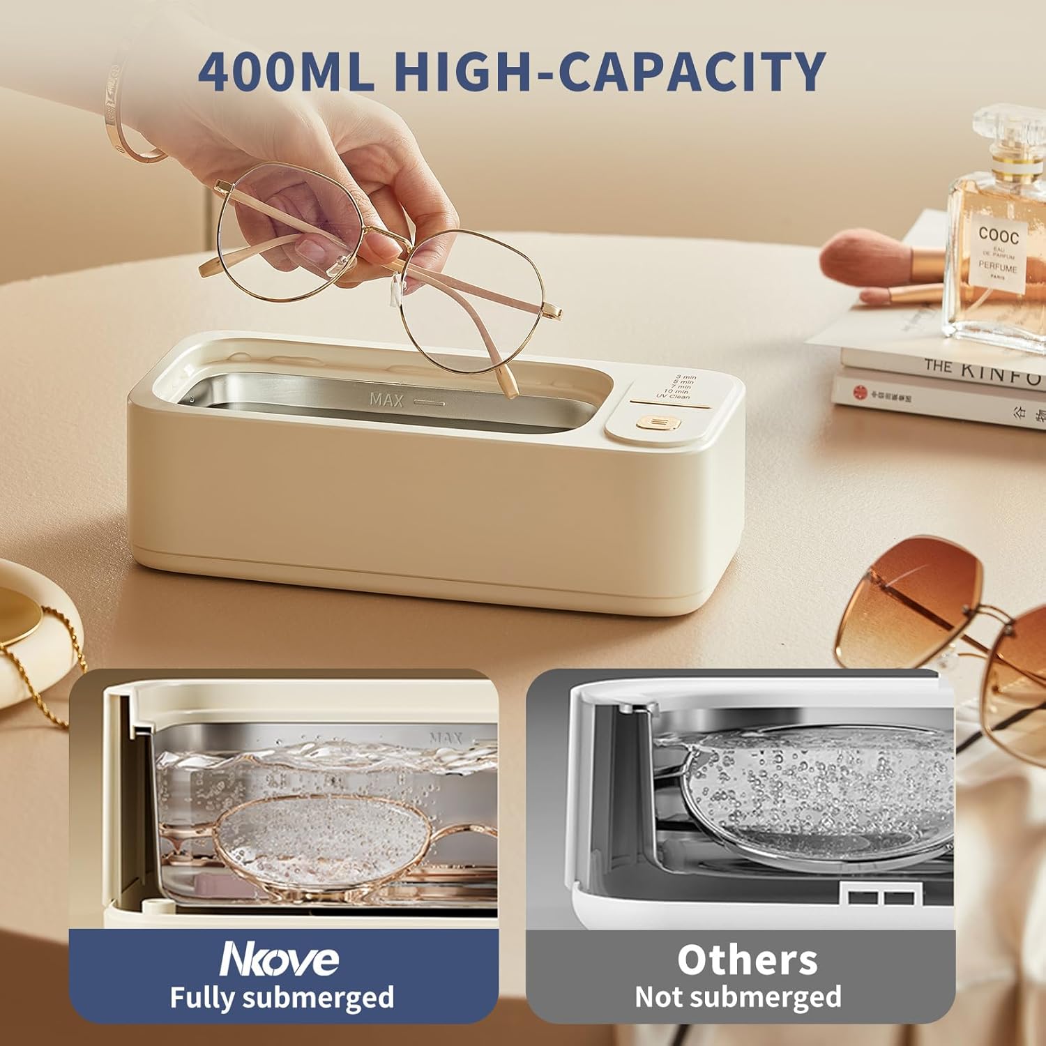 Nkove Ultrasonic Jewelry Cleaner with Retainer-Safe Tray, 4 Timer Modes, 47KHz Ultrasonic Cleaner Machine for Jewelry, Eyeglasses, Necklaces, Retainers, Dentures, Watch Strap (Rimini White）