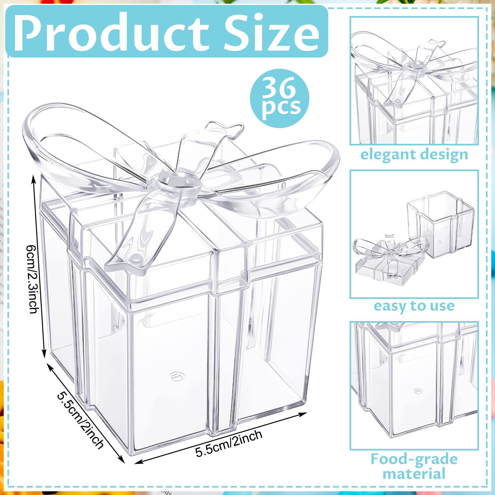 Potchen Transparente Geschenkboxen mit Schleife, 5,1 x 5,1 x 5,8 cm, transparente Geschenkboxen aus Kunststoff, kleine Süßigkeitenbehälter für Hochzeit, Weihnachten, Babyparty, Geburtstag, Party