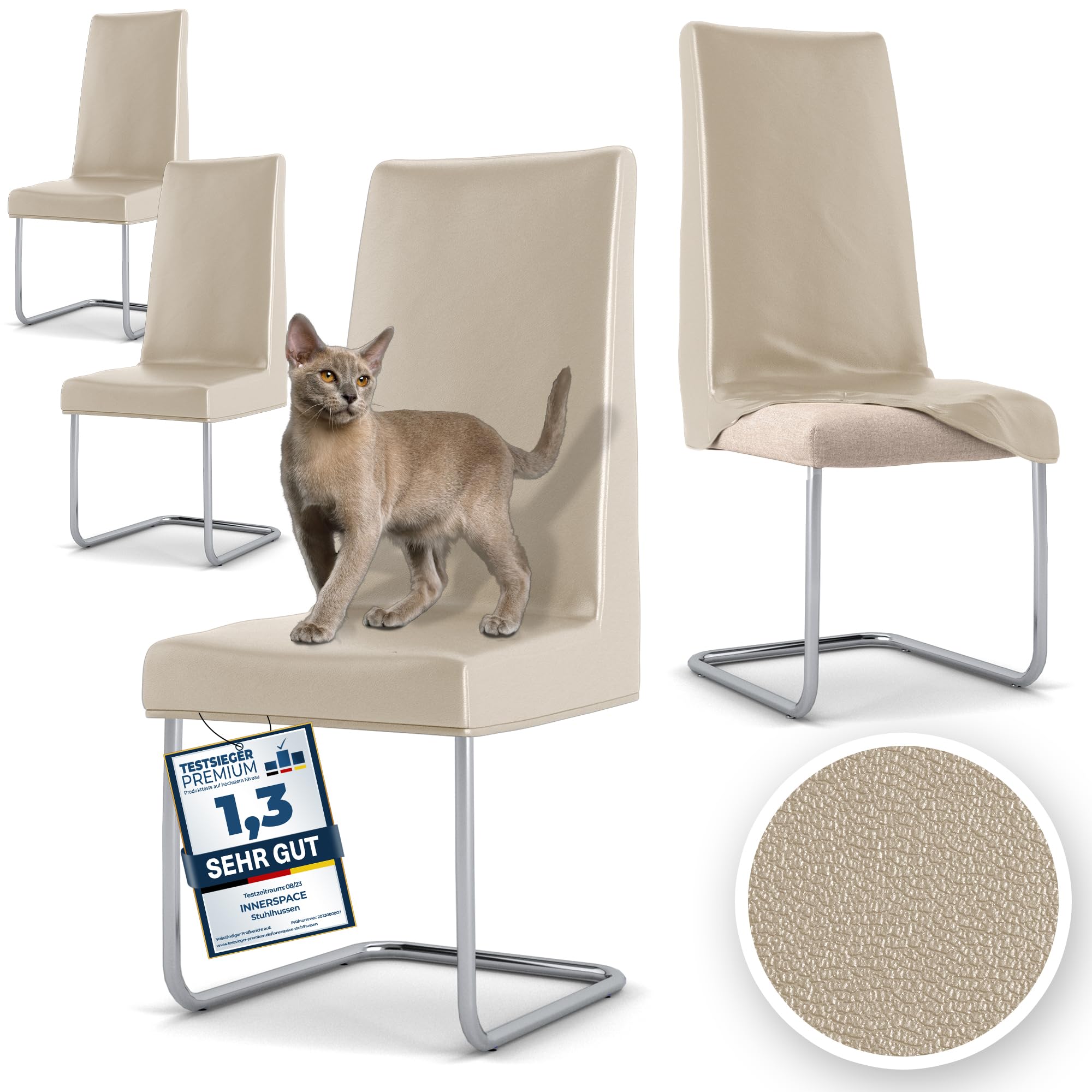 Innerspace Stuhlhussen 4er Set in Beige | Blickdichte, Wasserabweisende, Elastische Stuhlbezüge für Kinder & Haustiere | Stuhl Überzüge für Schwingstühle/Freischwinger – Jetzt Set wählen!