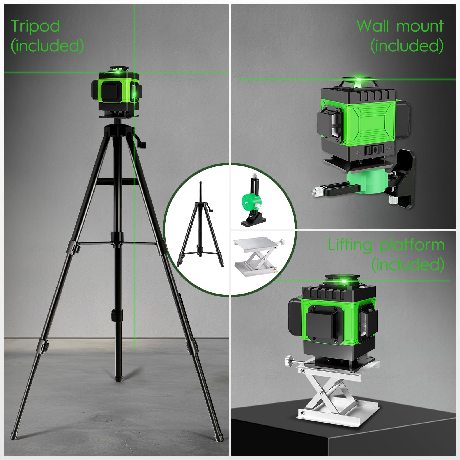 Kevsuvqin kruislijnlaser met statief, laserwaterpas met 2x3000mAh batterijen en LED-display, 4x360 graden laserwaterpas, 4D 16-lijns laser zelfnivellerend/APP/afstandsbediening/IP54