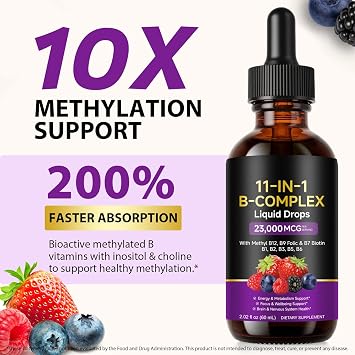 Vitamin B Complex Liquid Drops - High Strength 11-in-1 B Vitamins with Vitamin C, Choline, Complex Liquid Supplement Supports Energy, Brain Function & Heart Health B Complex Vitamins 60ml