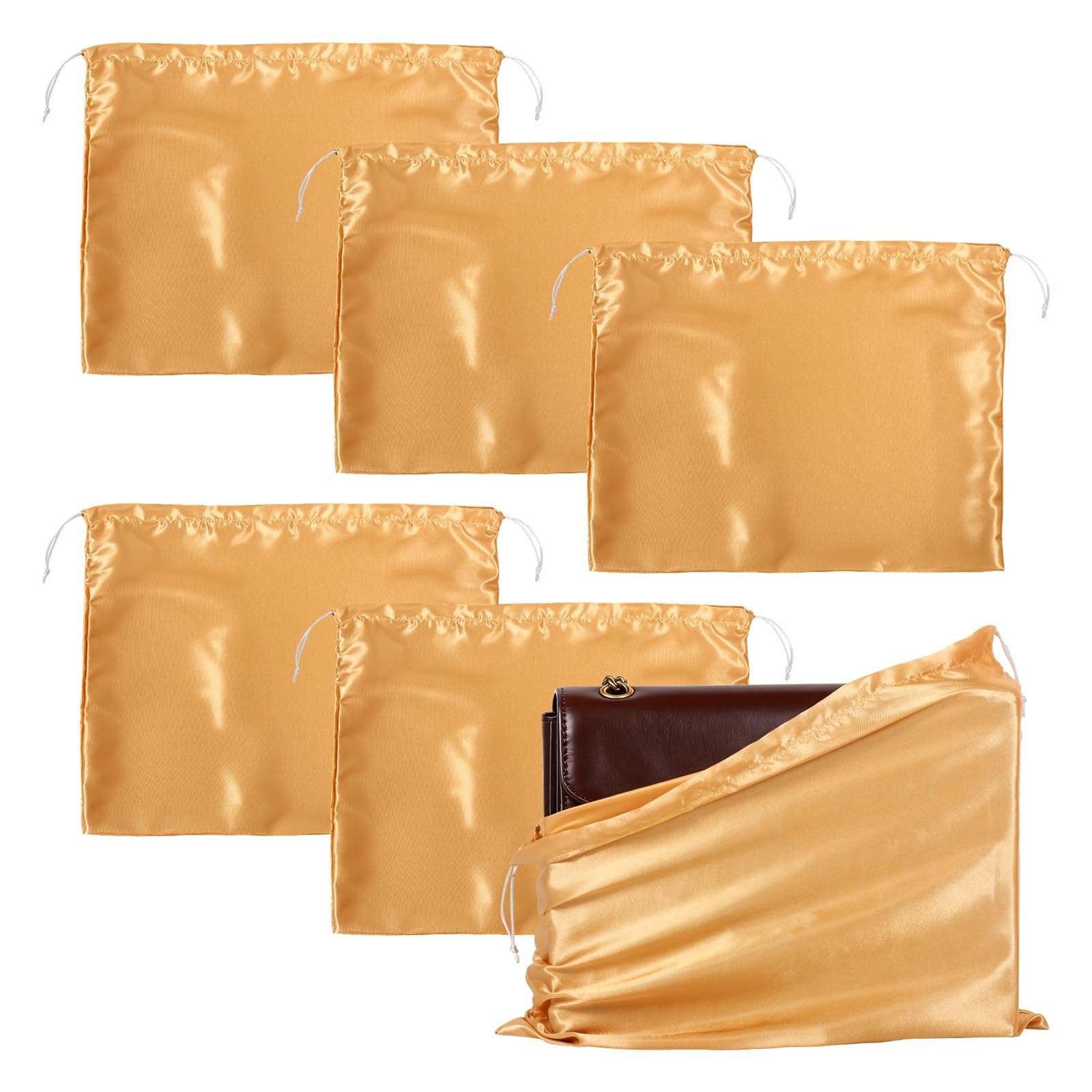 Satin Packaging Bags 6Pcs Dust Bag For Handbag Soft Silk Cloth Storage Bag With Drawstring For Handbag Purse Backpack Shoes Clothing Dust Cover(Yellow 6Pcs)